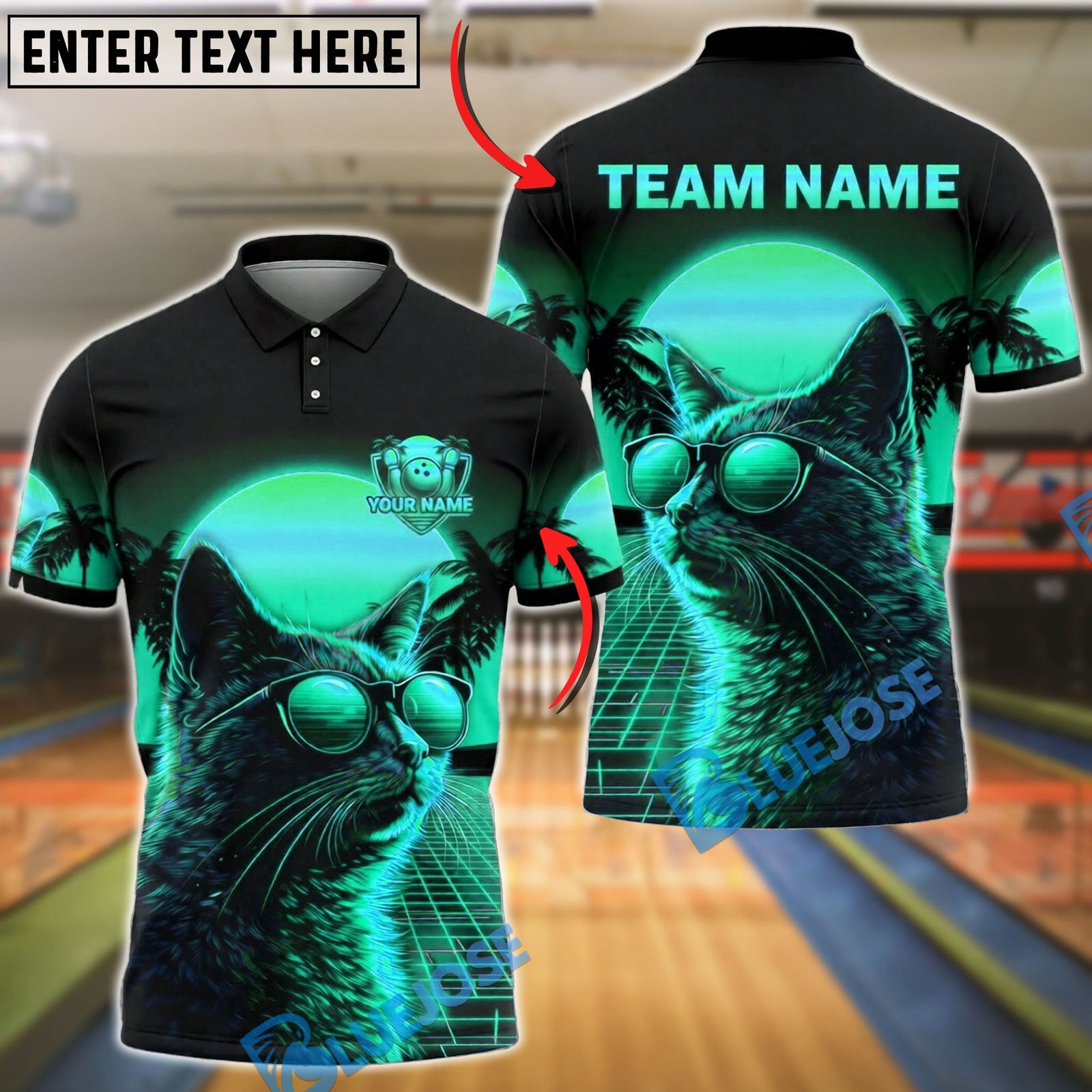 BlueJose Bowling And Pins Neon Cat Synthwave Grid Aesthetic Customized Name, Team Name 3D Shirt (4 Colors)