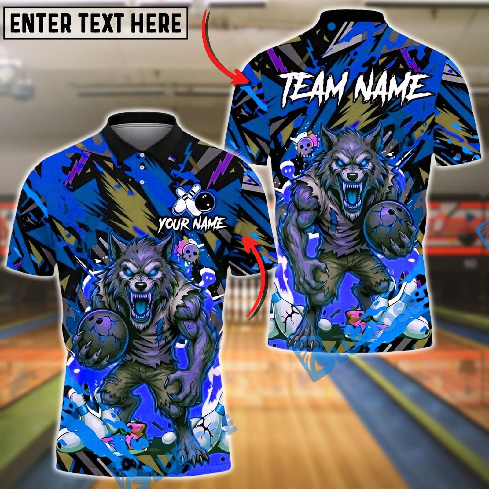 BlueJose Bowling And Pins Angry Wolf Strike Ball Graffiti Street Style Graphic Customized Name, Team Name 3D Shirt (4 Colors)