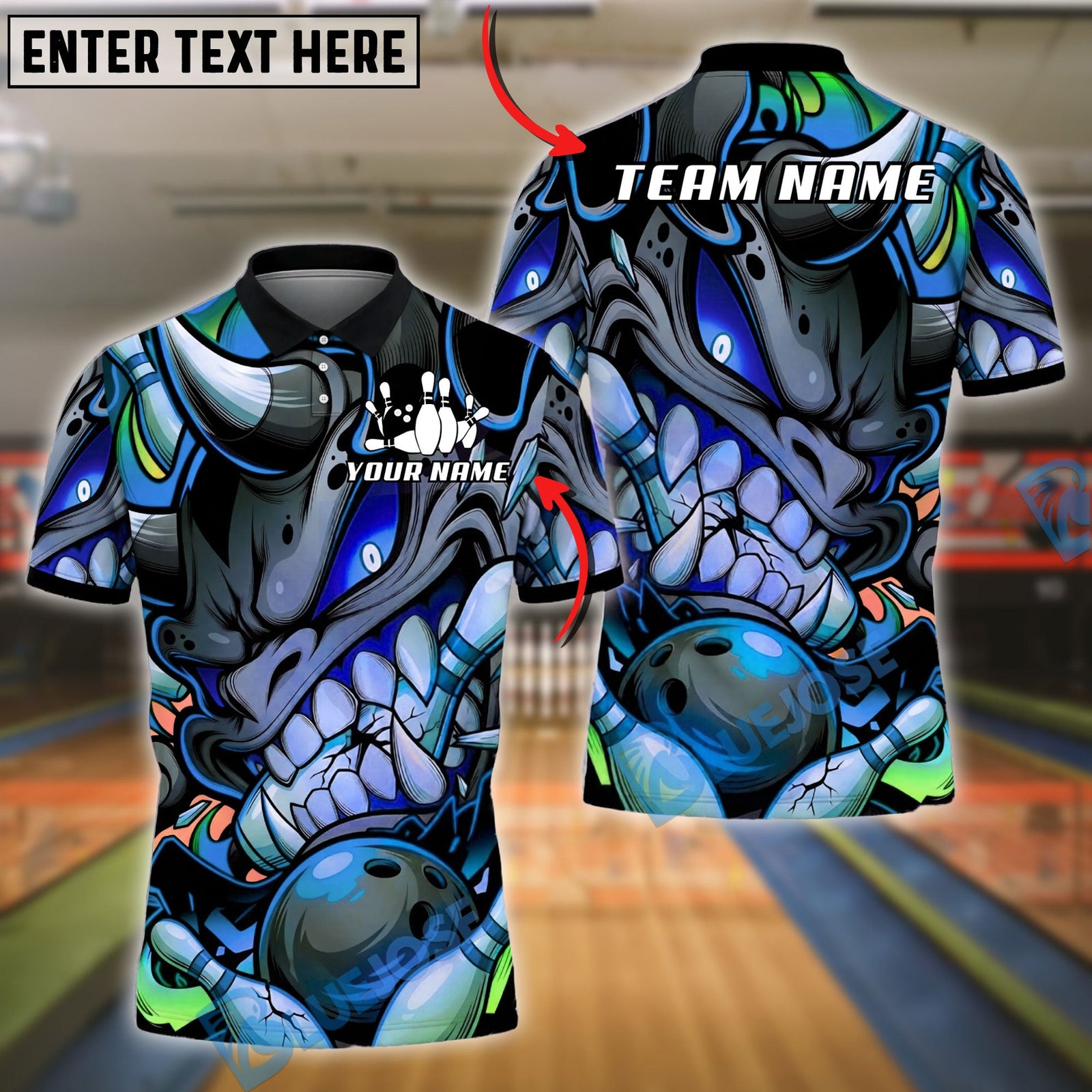 BlueJose Bowling And Pins Graffiti Monster Face Bowling Ball Smash Art Customized Name, Team Name 3D Shirt (4 Colors)