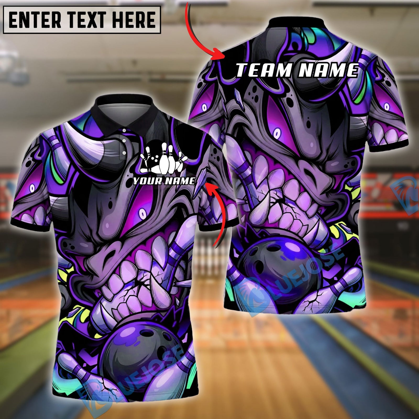 BlueJose Bowling And Pins Graffiti Monster Face Bowling Ball Smash Art Customized Name, Team Name 3D Shirt (4 Colors)