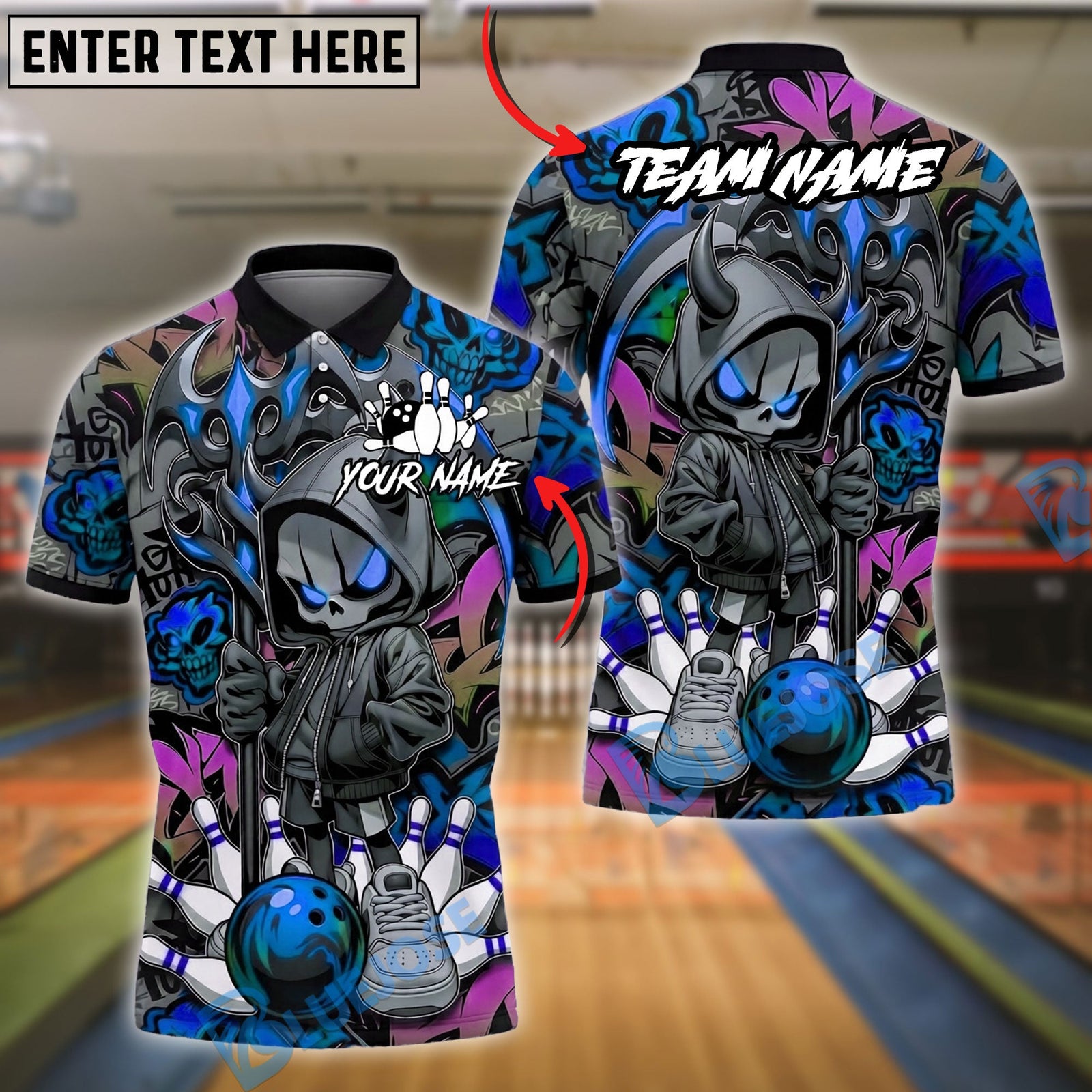BlueJose Bowling And Pins Grim Reaper Hoodie Street Art Strike Style Customized Name, Team Name 3D Shirt (4 Colors)