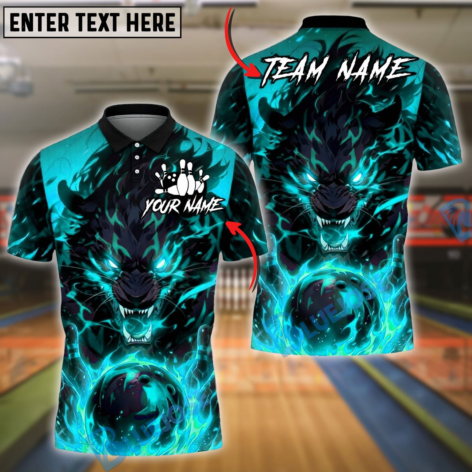 BlueJose Bowling And Pins Fire Wolf Flaming Dark Beast Graphic Customized Name, Team Name 3D Shirt (4 Colors)