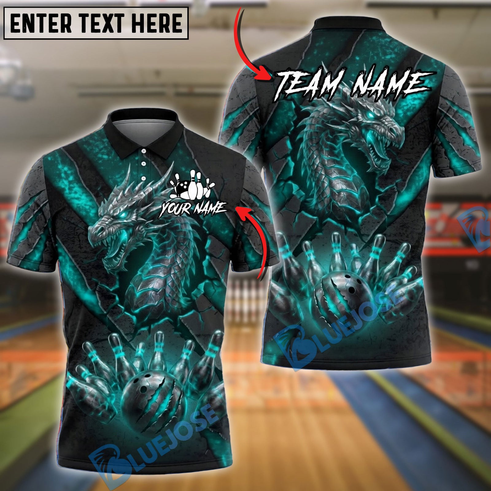 BlueJose Bowling And Pins Dragon Fire Claw Strike Ball Dark Fantasy Graphic Customized Name, Team Name 3D Shirt (4 Colors)