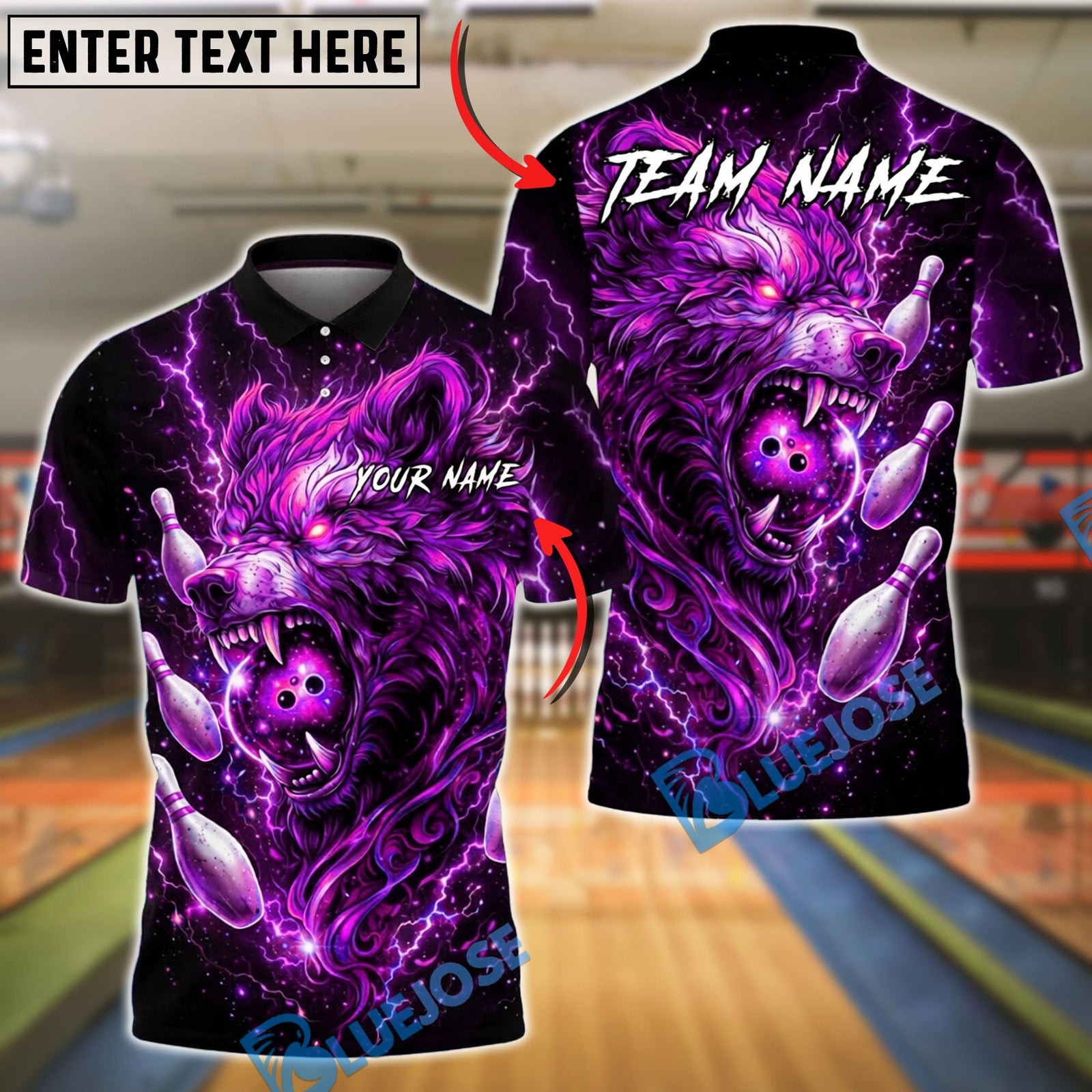 BlueJose Bowling And Pins Neon Wolf Lightning Galaxy Style Customized Name, Team Name 3D Shirt (4 Colors)