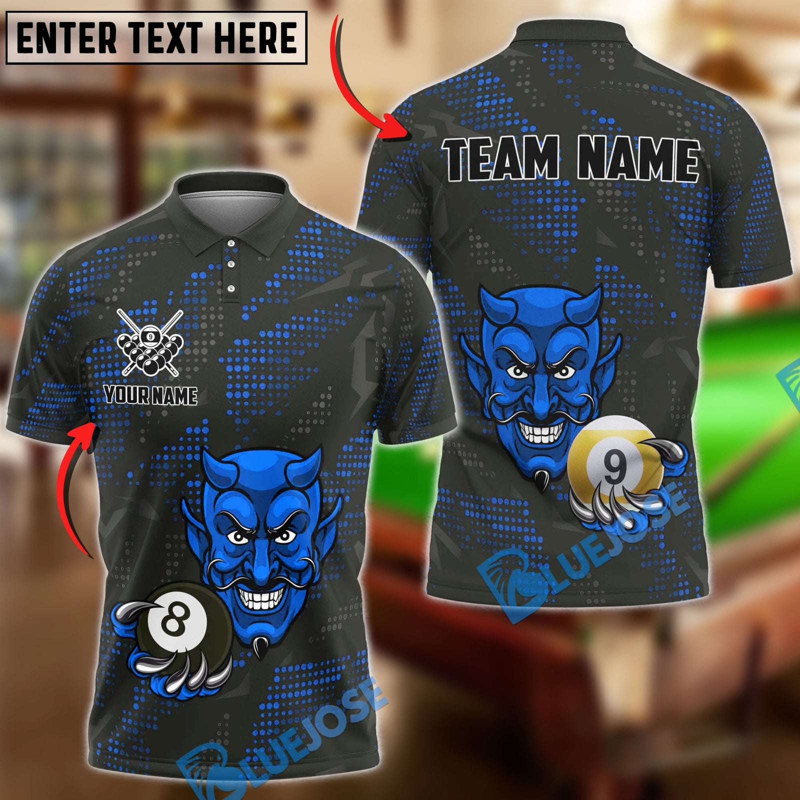 BlueJose Billiards Devil 8 & 9-Ball Design Personalized Name Shirt (4 Colors)