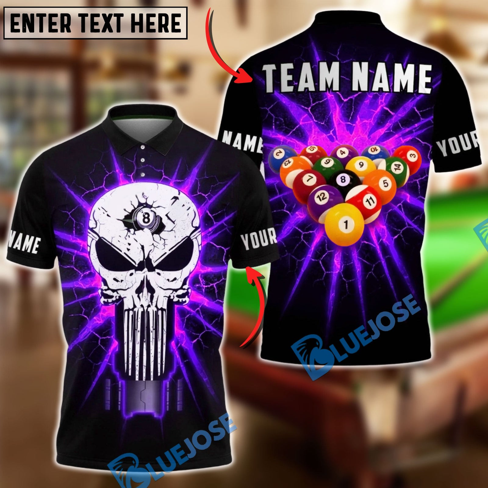 BlueJose Billiards 8 Ball Flaming Punisher Skull Break Shot Personalized Name Shirt (4 Colors)