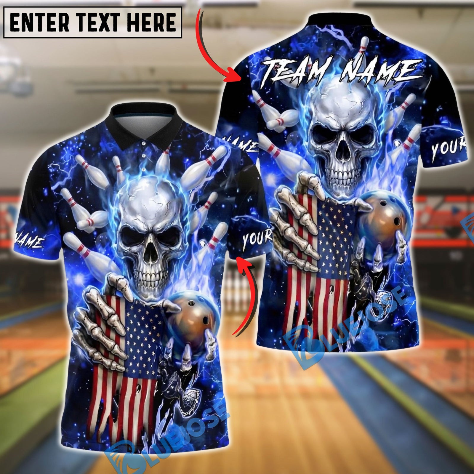 BlueJose Bowling & Pins American Flag Skull Strike Electric Blue Lightning Customized Name, Team Name 3D Shirt (6 Colors)