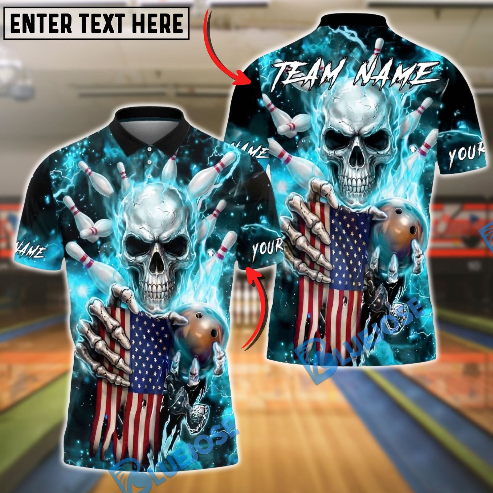 BlueJose Bowling & Pins American Flag Skull Strike Electric Blue Lightning Customized Name, Team Name 3D Shirt (6 Colors)
