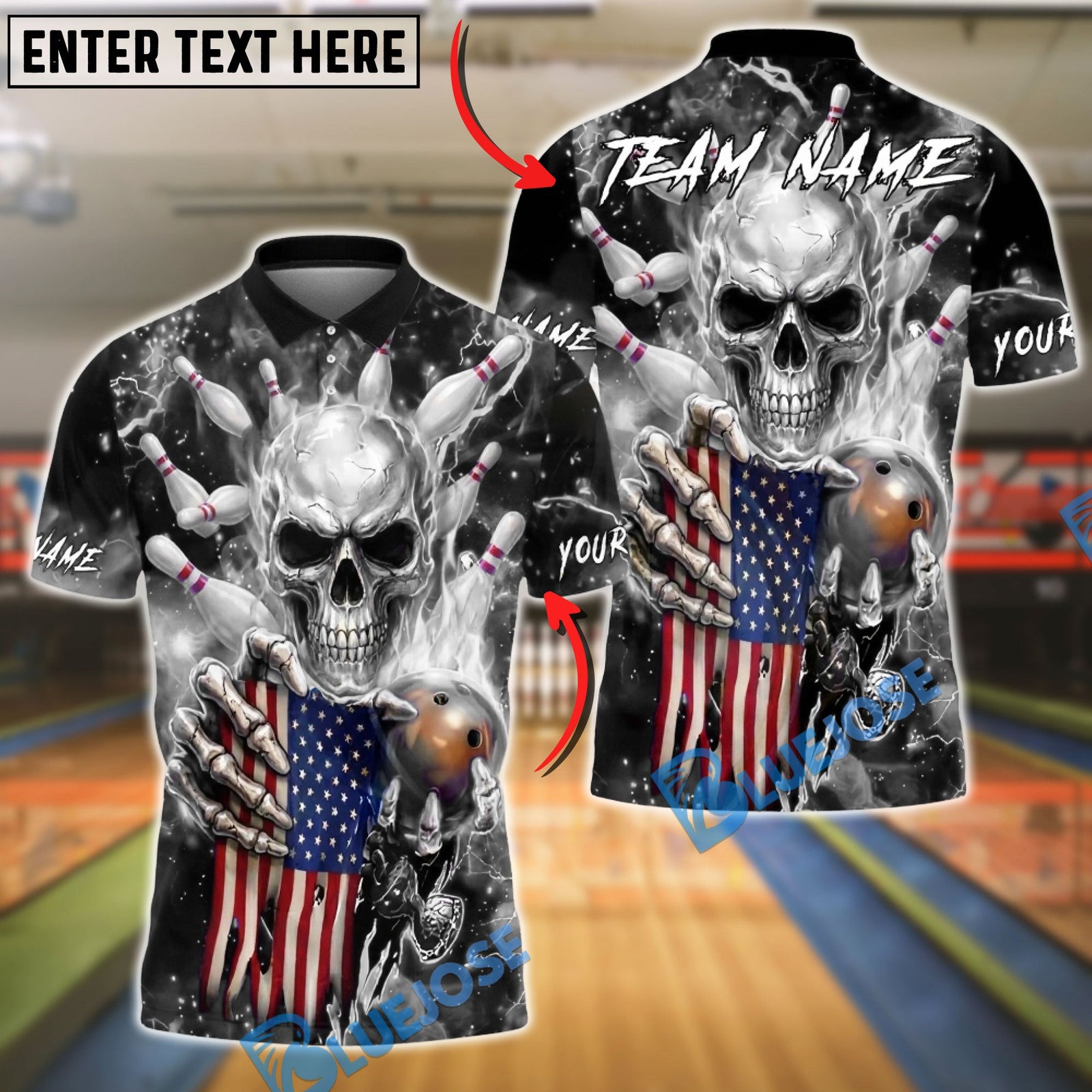 BlueJose Bowling & Pins American Flag Skull Strike Electric Blue Lightning Customized Name, Team Name 3D Shirt (6 Colors)