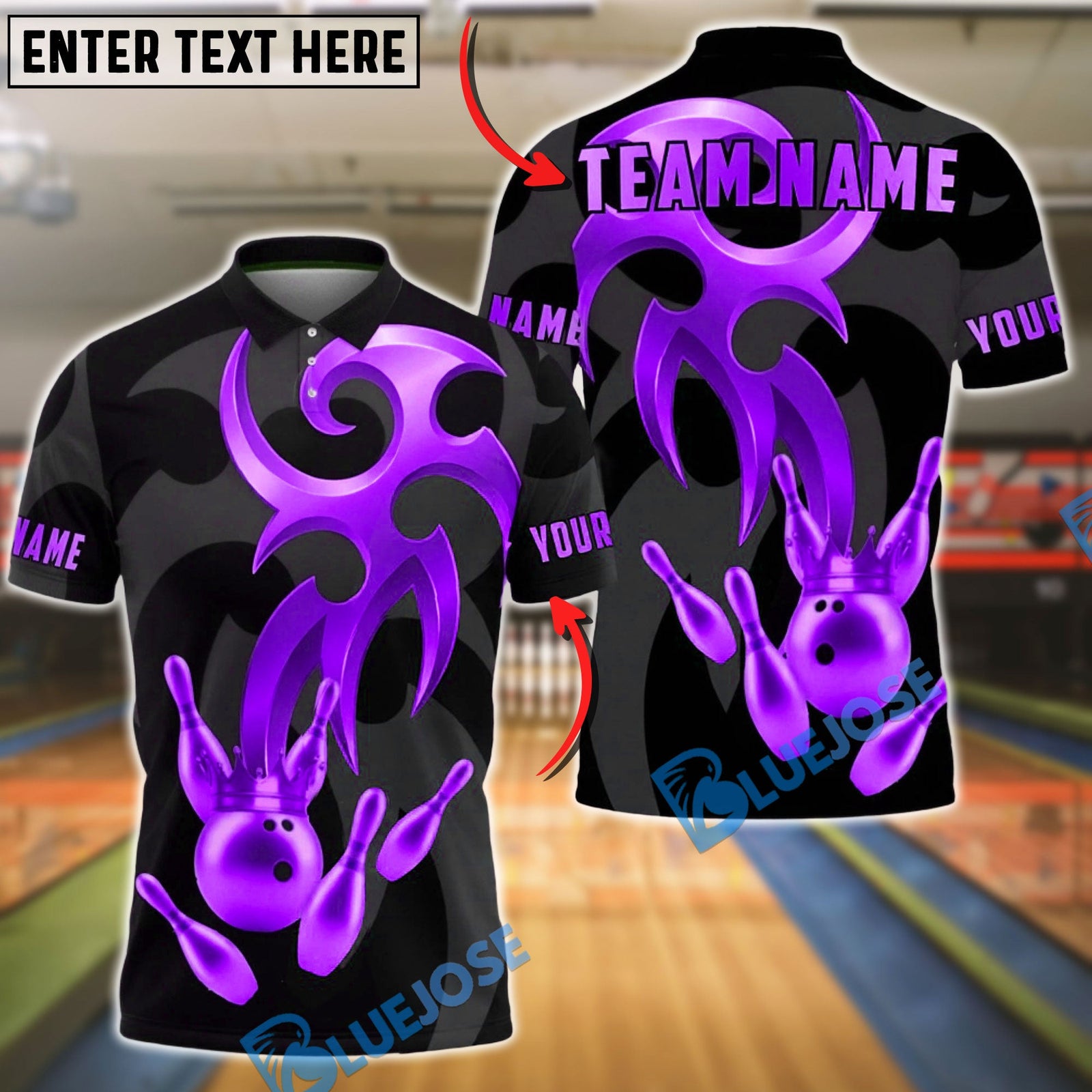 BlueJose Bowling & Pins Golden Crown Strike Emblem Customized Name, Team Name 3D Shirt (6 Colors)