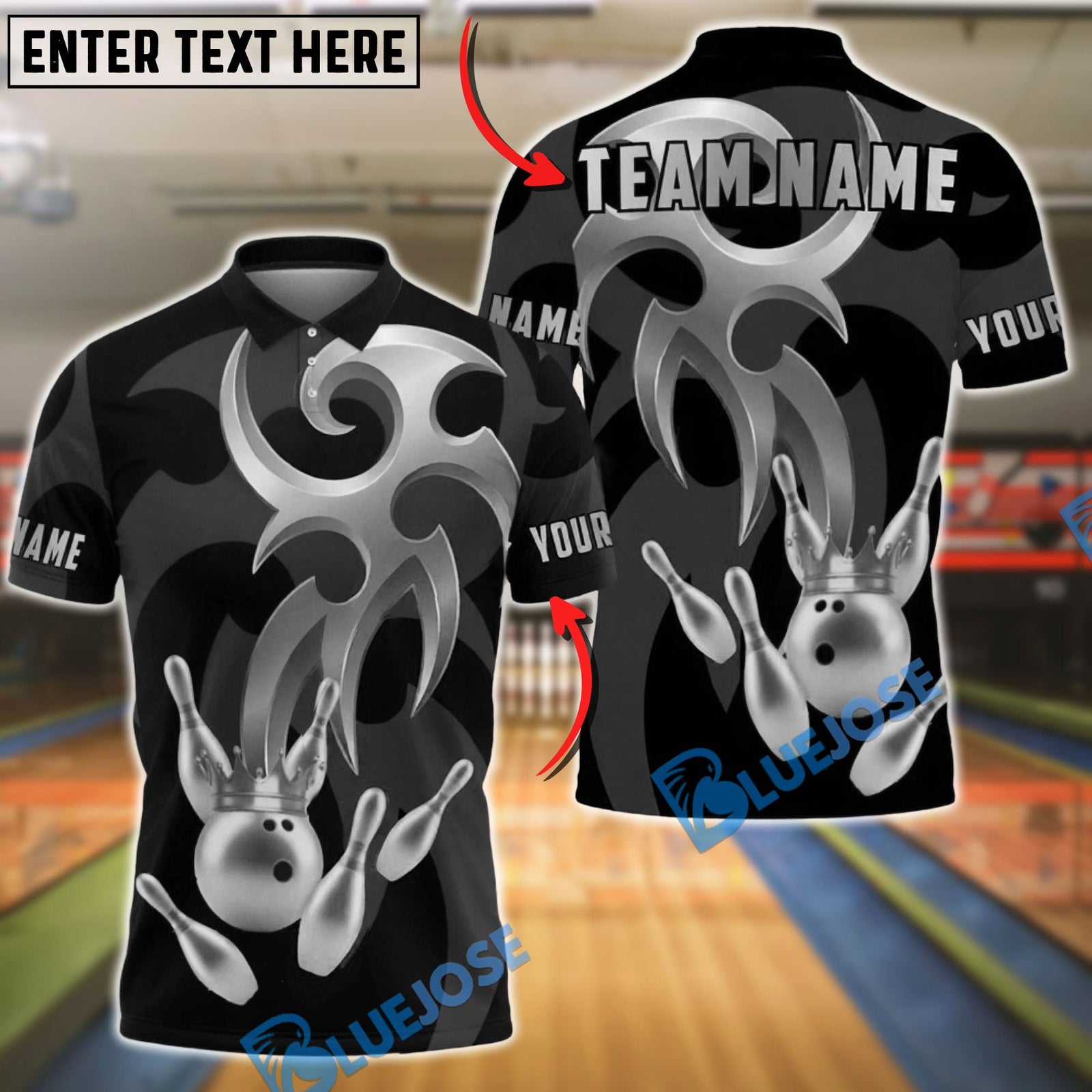 BlueJose Bowling & Pins Golden Crown Strike Emblem Customized Name, Team Name 3D Shirt (6 Colors)