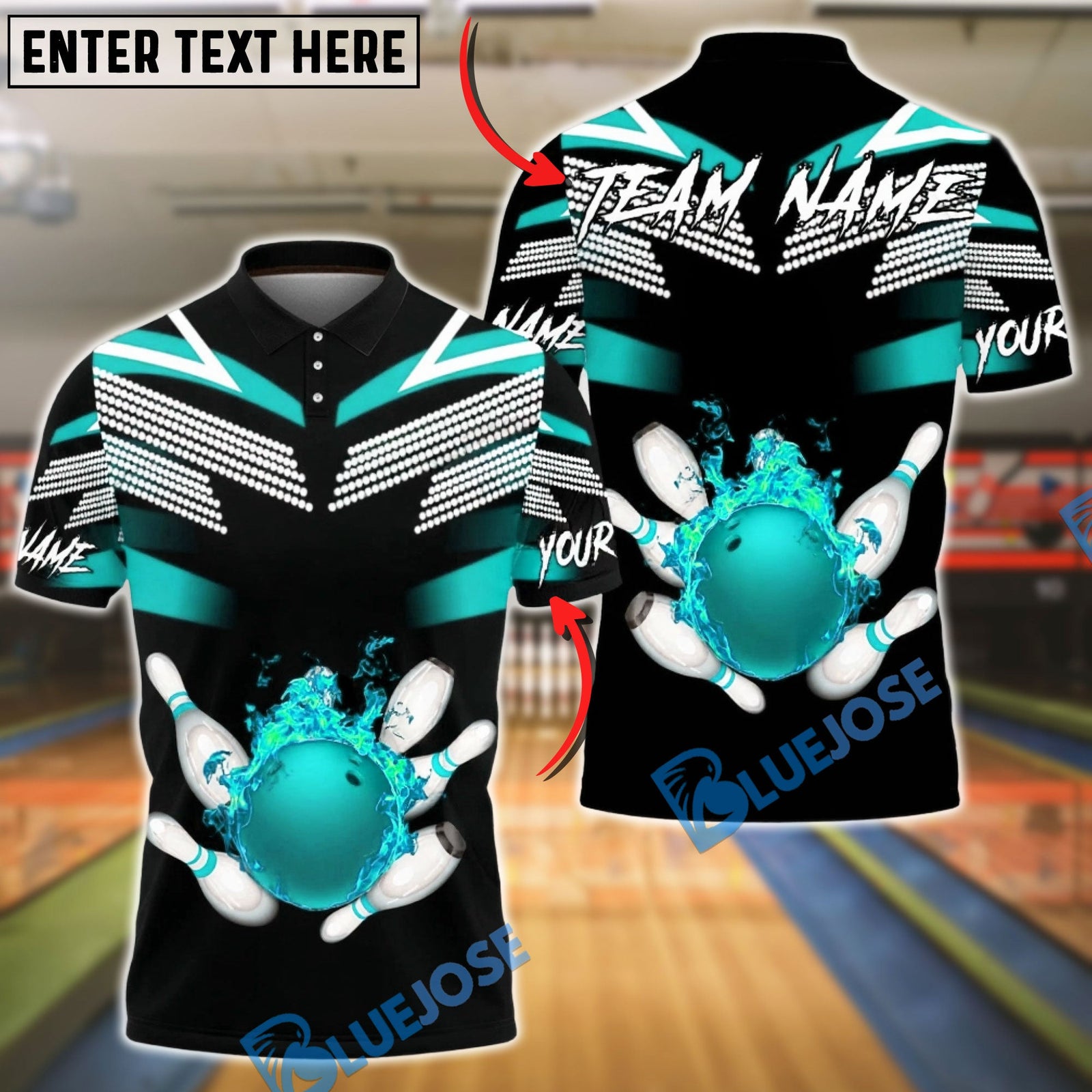 BlueJose Bowling & Pins Fire Ball Strike Black Customized Name, Team Name 3D Shirt (4 Colors)