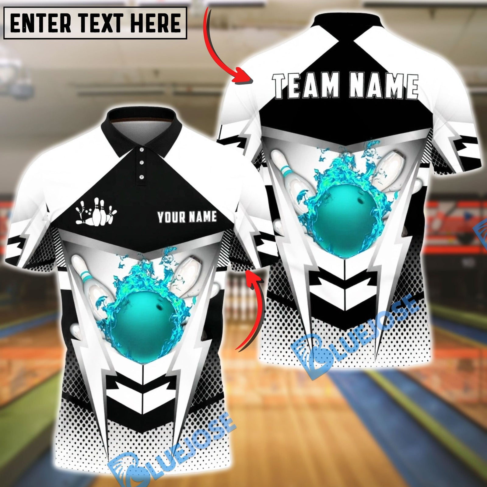 BlueJose Bowling & Pins Lightning Strike Fire Ball Graphic Customized Name, Team Name 3D Shirt (4 Colors)