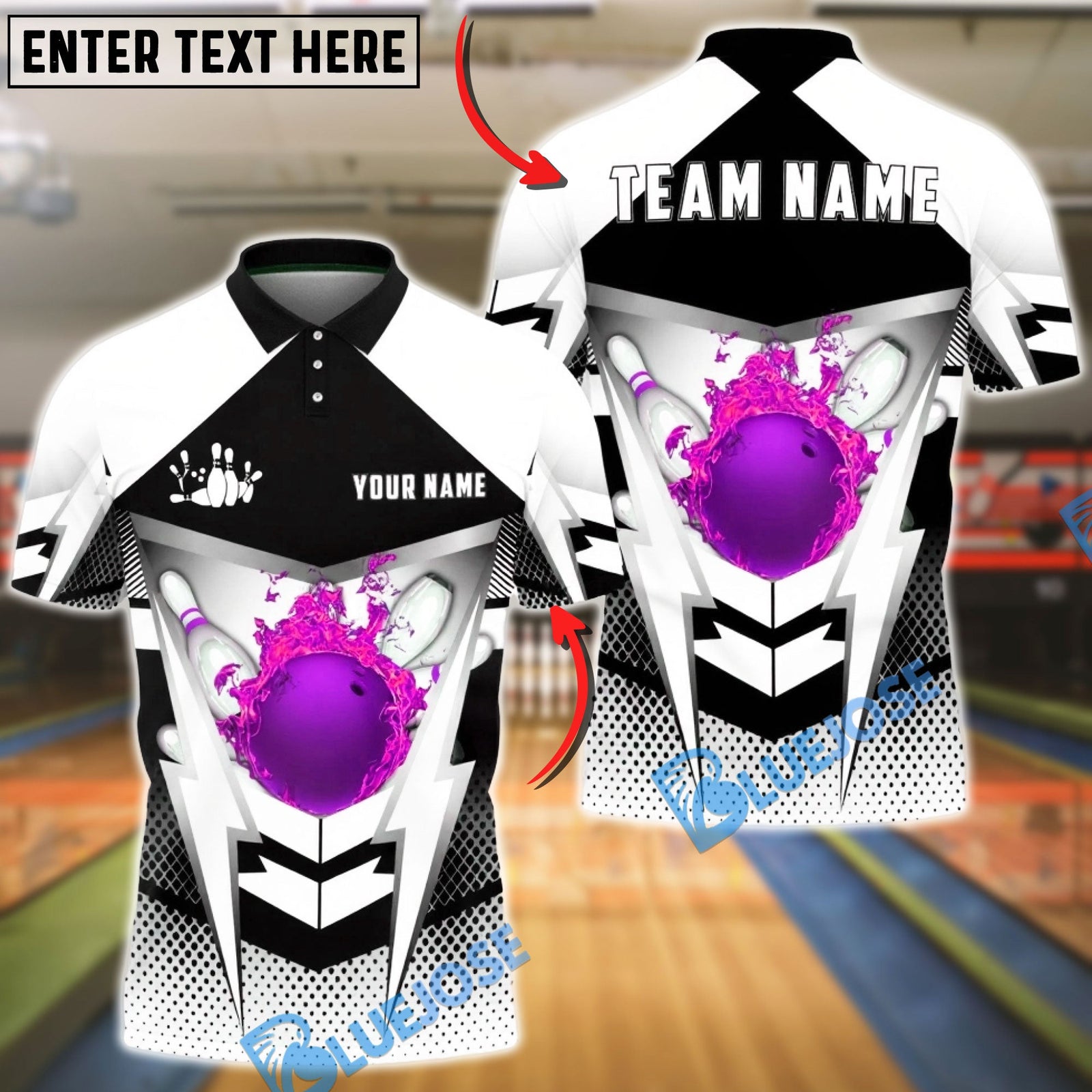 BlueJose Bowling & Pins Lightning Strike Fire Ball Graphic Customized Name, Team Name 3D Shirt (4 Colors)