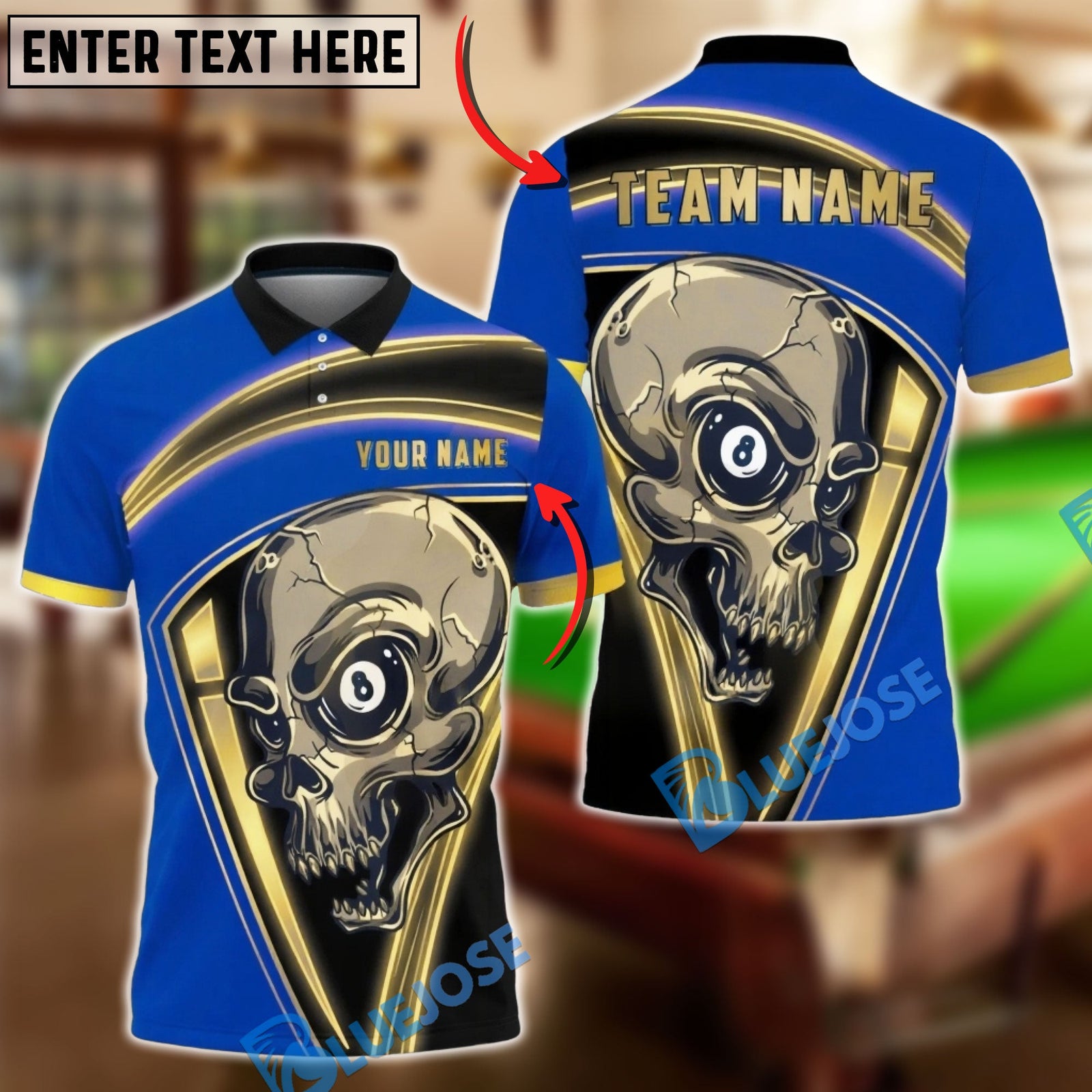 BlueJose Billiards 8 Ball Skull Gold Frame Horror Graphic Personalized Name Shirt (6 Colors)