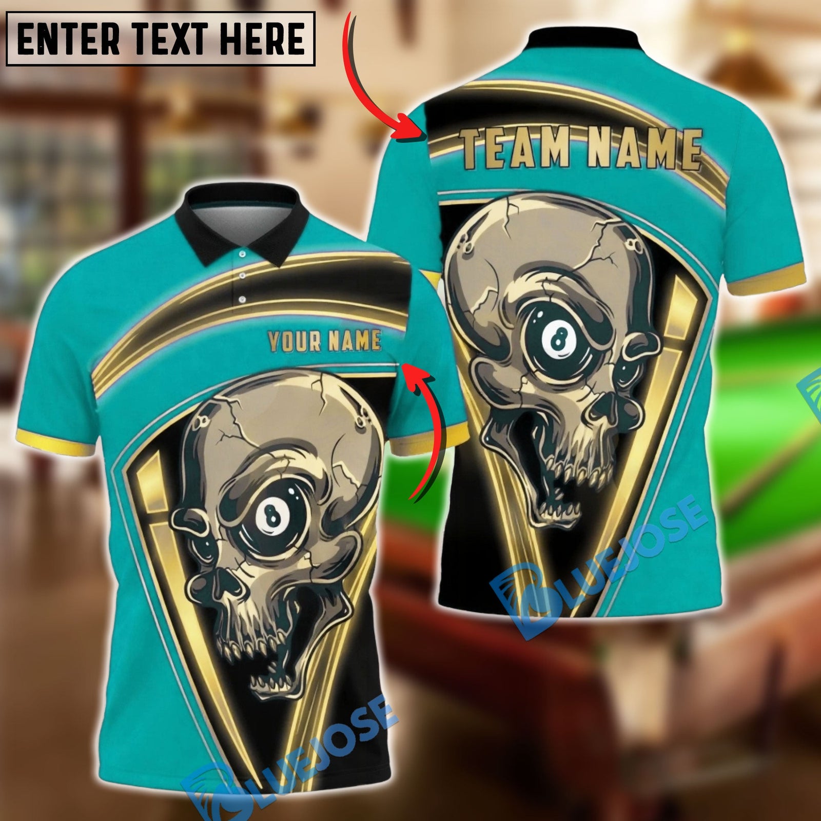 BlueJose Billiards 8 Ball Skull Gold Frame Horror Graphic Personalized Name Shirt (6 Colors)