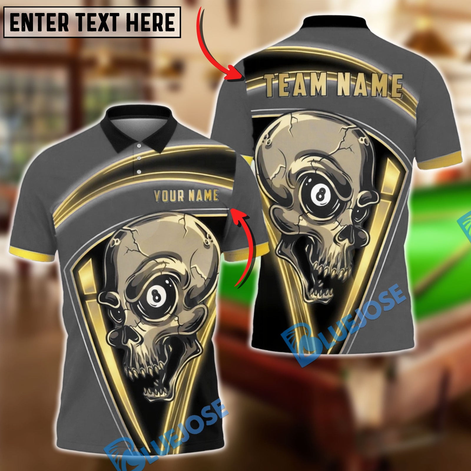BlueJose Billiards 8 Ball Skull Gold Frame Horror Graphic Personalized Name Shirt (6 Colors)