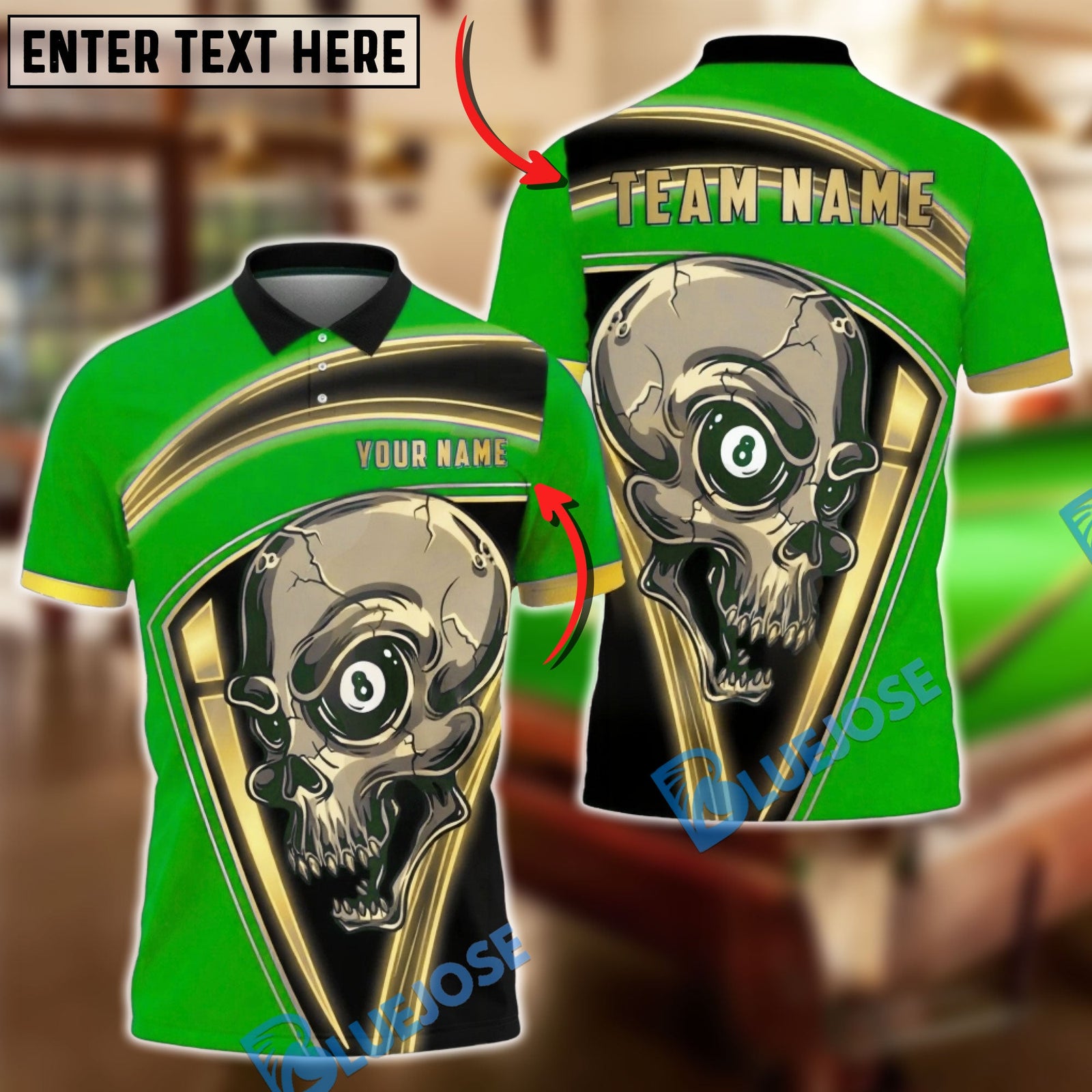 BlueJose Billiards 8 Ball Skull Gold Frame Horror Graphic Personalized Name Shirt (6 Colors)