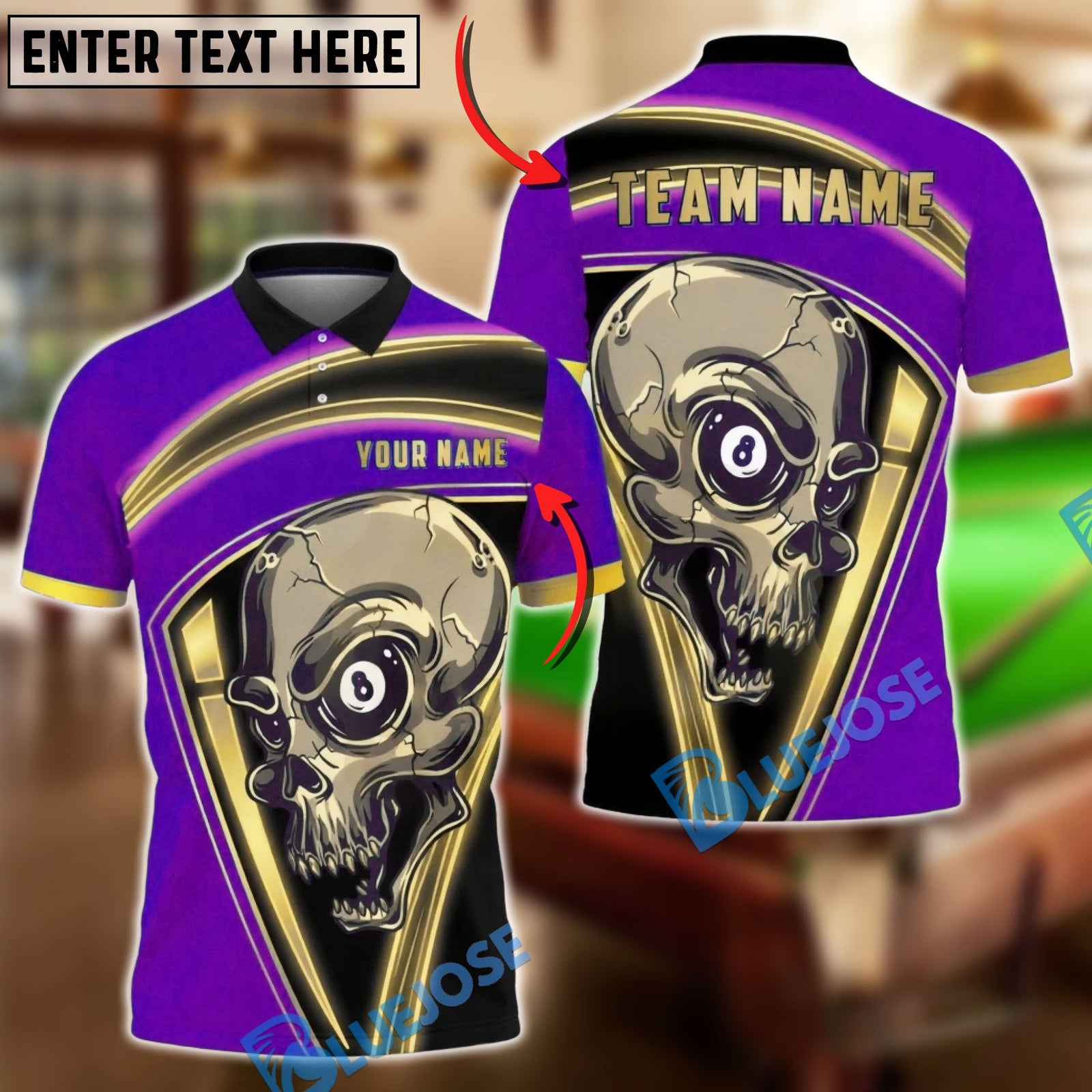 BlueJose Billiards 8 Ball Skull Gold Frame Horror Graphic Personalized Name Shirt (6 Colors)