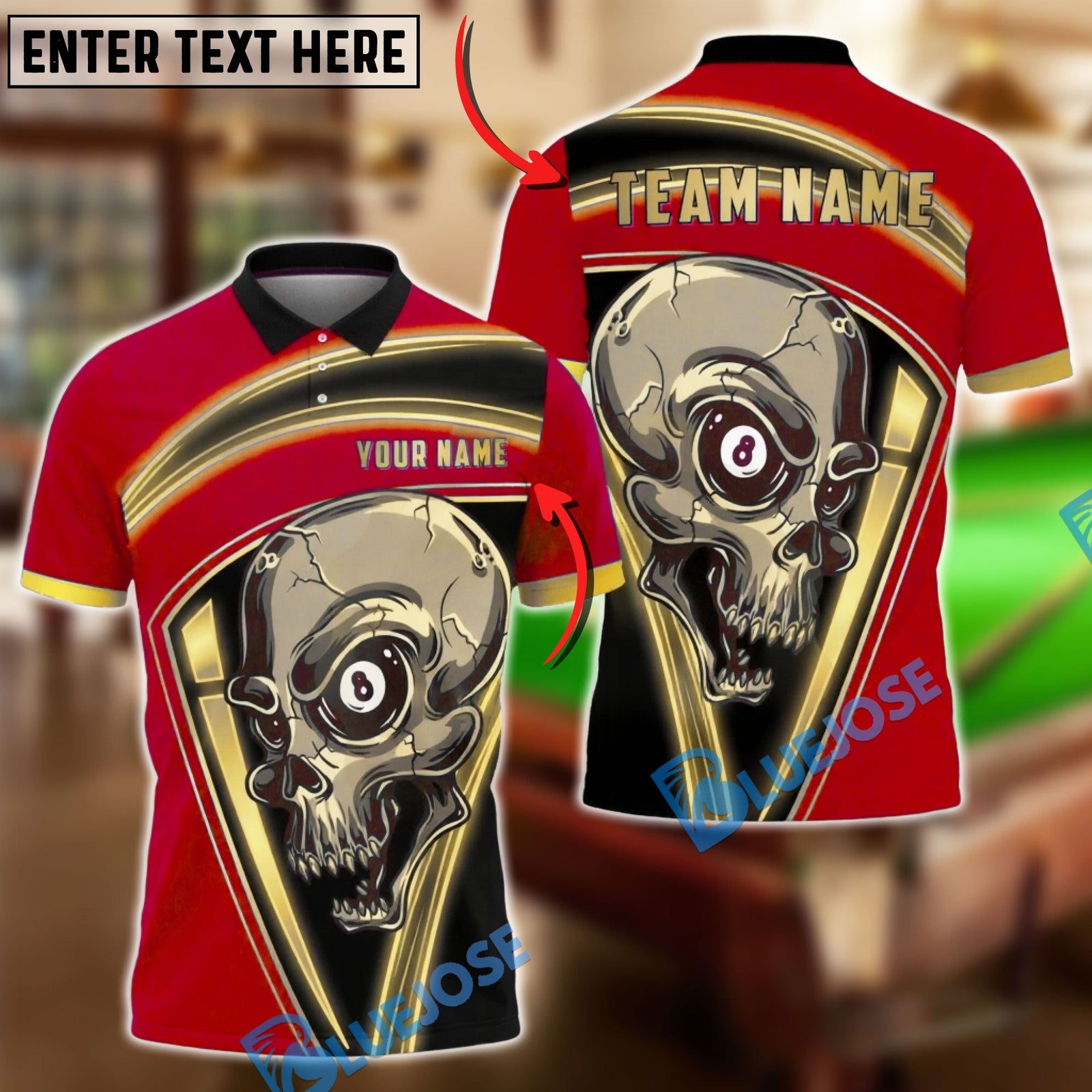 BlueJose Billiards 8 Ball Skull Gold Frame Horror Graphic Personalized Name Shirt (6 Colors)