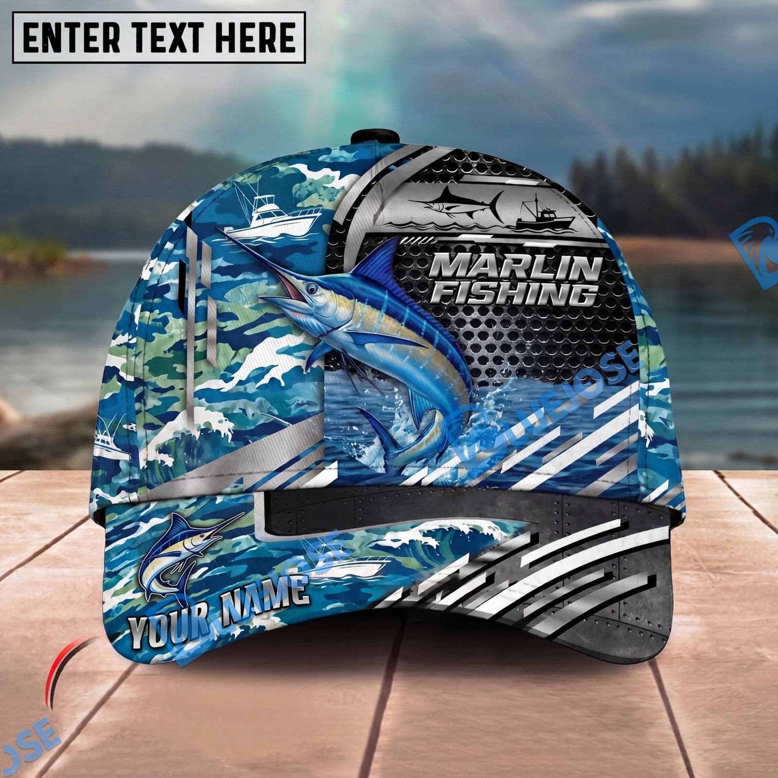 BlueJose Fishing Blue Camouflage Fishing Boat Metal Pattern Personalized Name Classic 3D Cap Personalized Cap (13 Breeds)