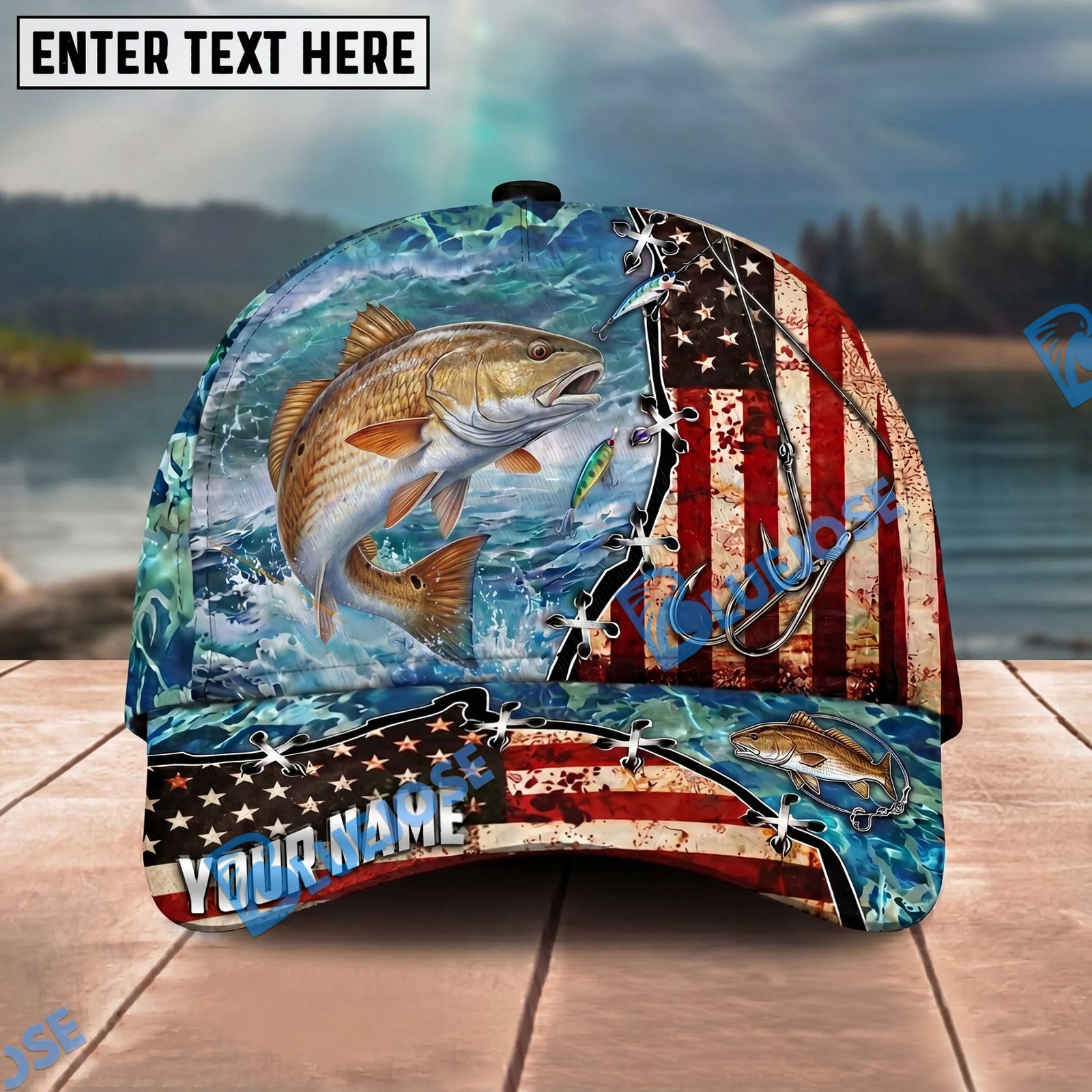 BlueJose Fishing American Flag Fishing Hook Aqua Scene Personalized Name Classic 3D Cap Personalized Cap (13 Breeds)