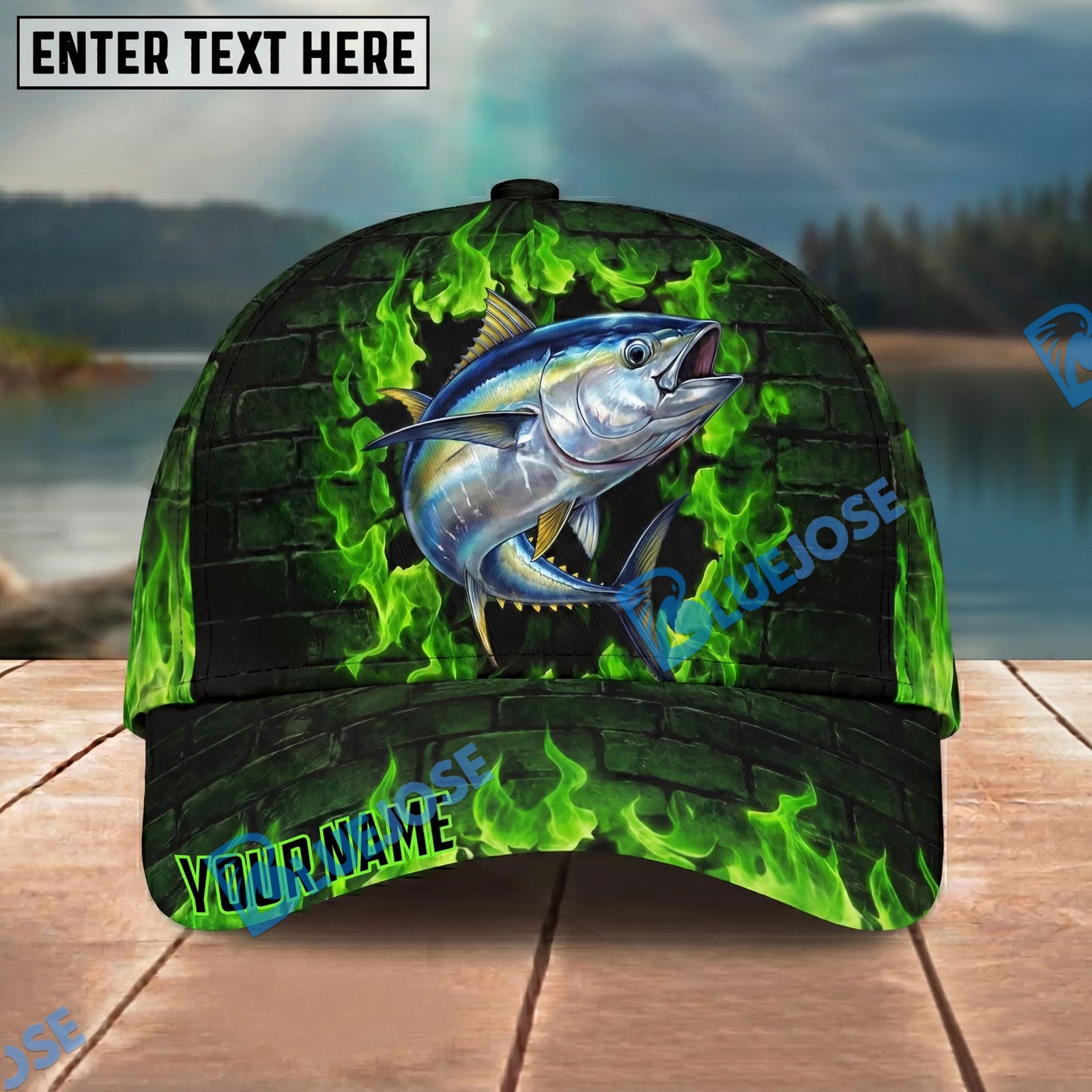 BlueJose Fishing Green Flame Brick Wall Personalized Name Classic 3D Cap Personalized Cap (13 Breeds)