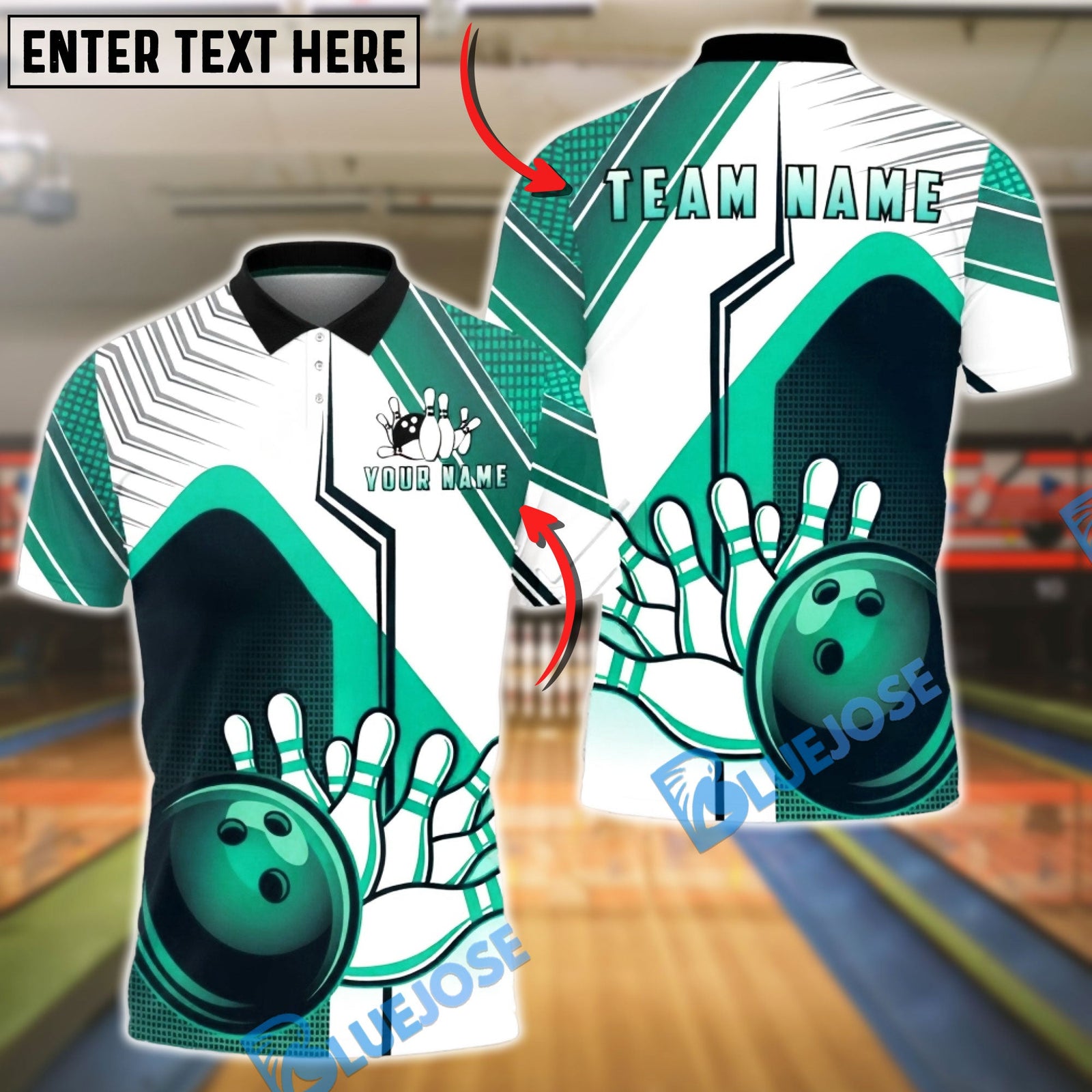 BlueJose Bowling & Pins Classic Strike Ball & Pins Graphic Customized Name, Team Name 3D Shirt (4 Colors)