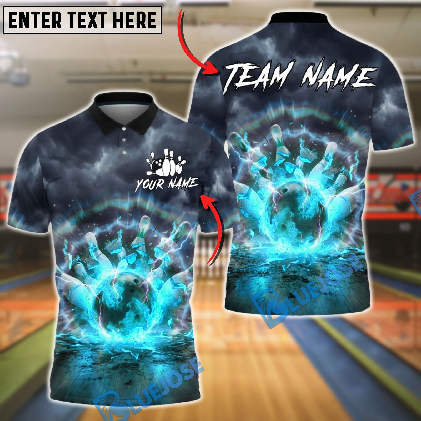 BlueJose Bowling & Pins Flaming Impact Storm Strike Graphic Customized Name, Team Name 3D Shirt (4 Colors)
