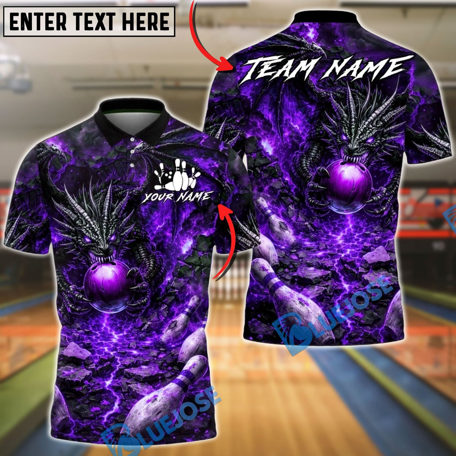 BlueJose Bowling & Pins Fire Dragon Lava Hell Customized Name, Team Name 3D Shirt (4 Colors)