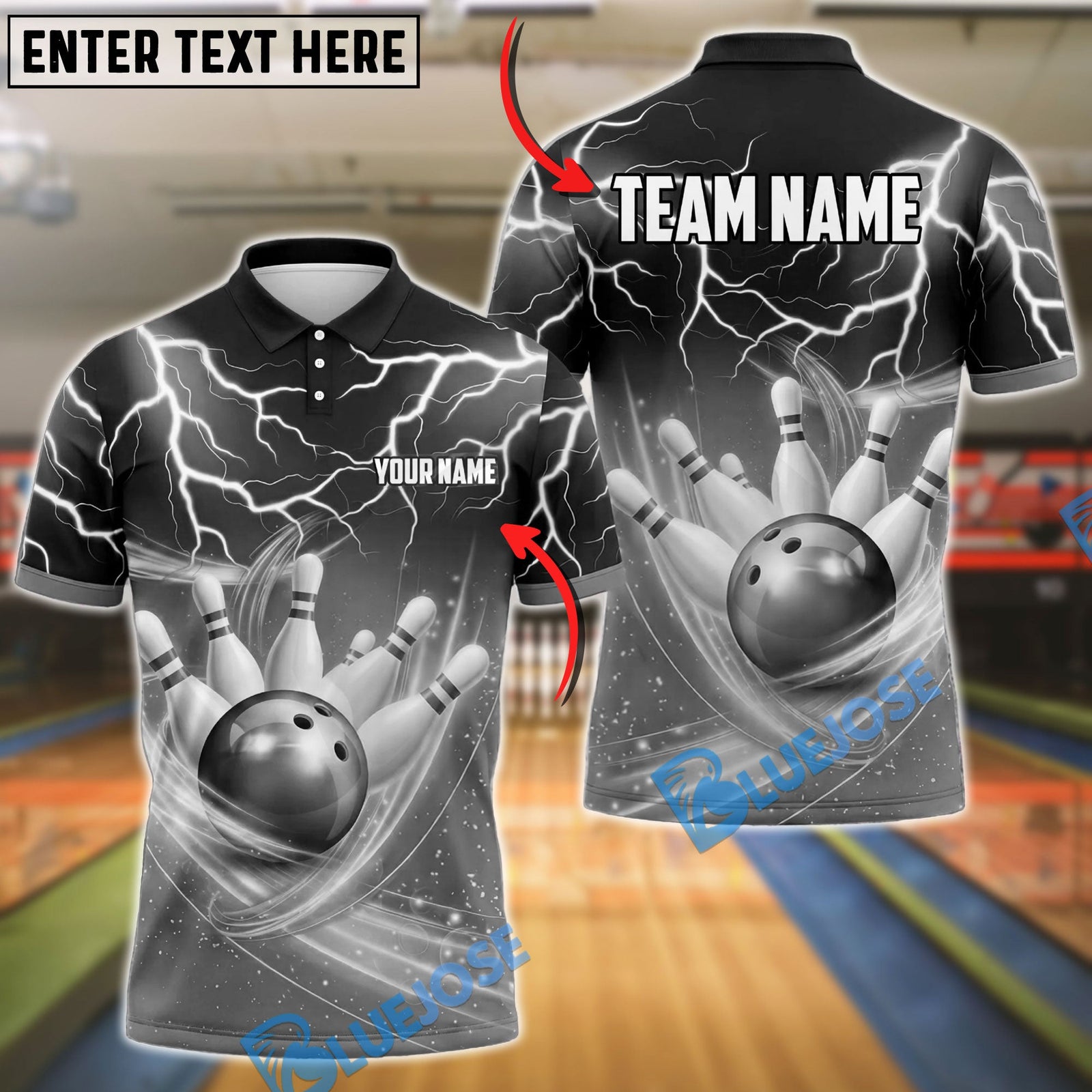 BlueJose Bowling And Pins Lightning Field Customized Name, Team Name 3D Shirt (6 Colors)