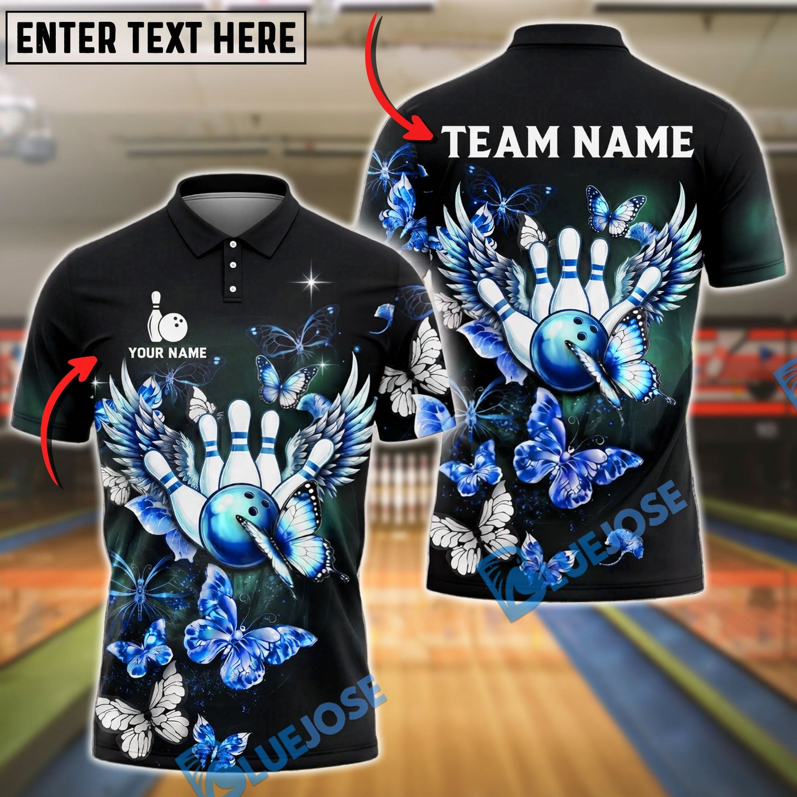BlueJose Bowling And Pins Butterfly Wings Art Customized Name, Team Name 3D Shirt (4 Colors)