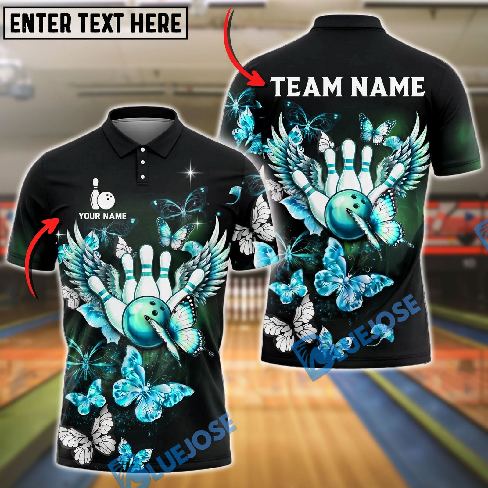 BlueJose Bowling And Pins Butterfly Wings Art Customized Name, Team Name 3D Shirt (4 Colors)