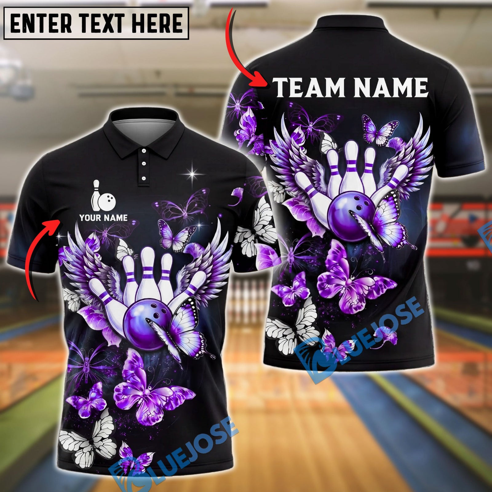 BlueJose Bowling And Pins Butterfly Wings Art Customized Name, Team Name 3D Shirt (4 Colors)
