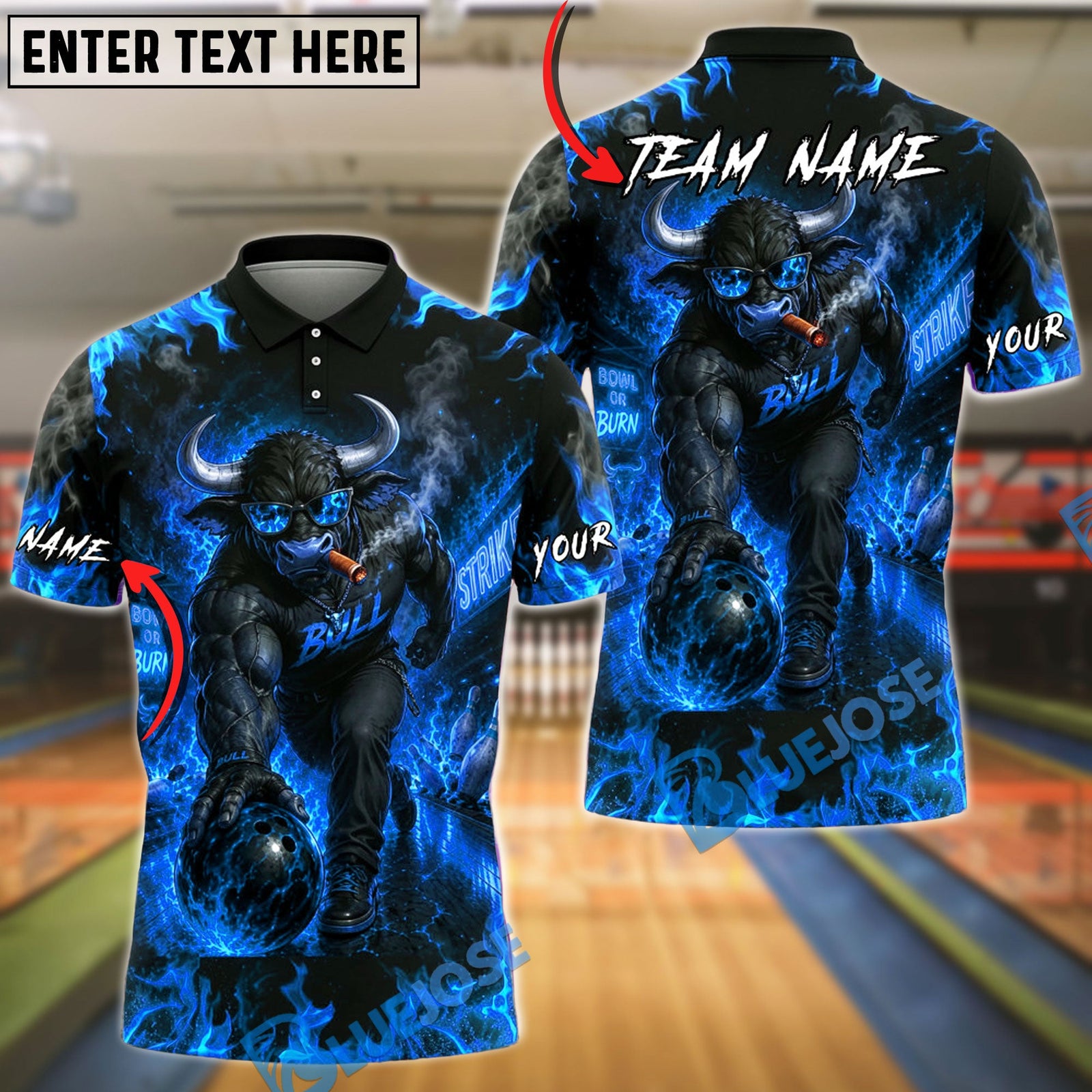 BlueJose Bowling Fire Smoking Bull Bowler Art Graphic Customized Name, Team Name 3D Shirt (4 Colors)