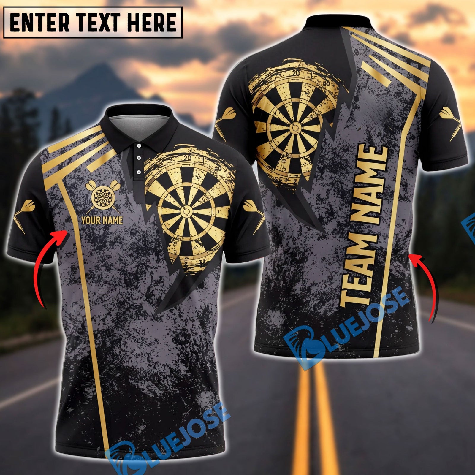 BlueJose Darts Grunge Dartboard Sports Design Personalized Name, Team Name Unisex Shirt (6 Colors)