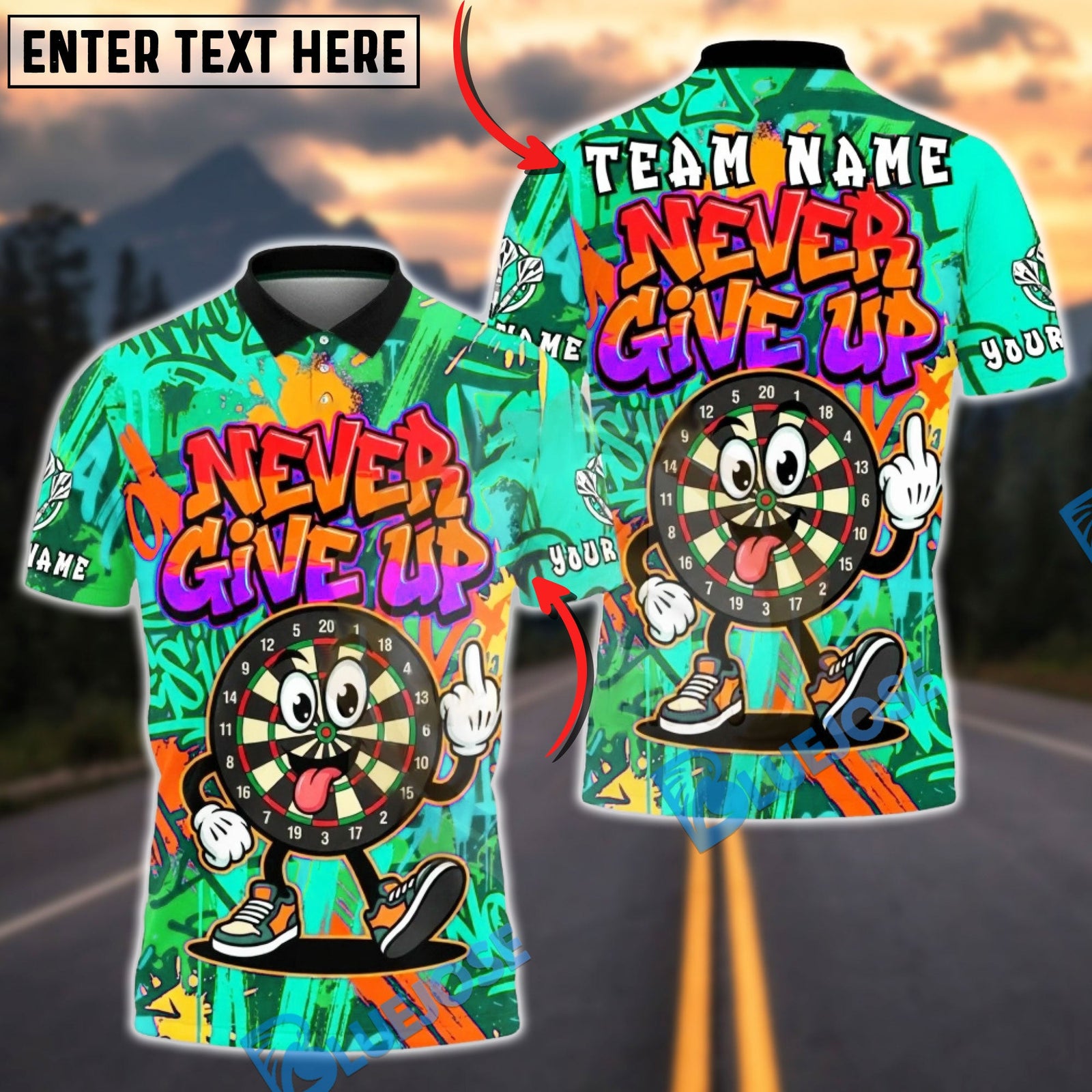BlueJose Darts Never Give Up Dartboard Cartoon Fukin Graffiti Multicolor Options Personalized Name Shirt (4 Colors)