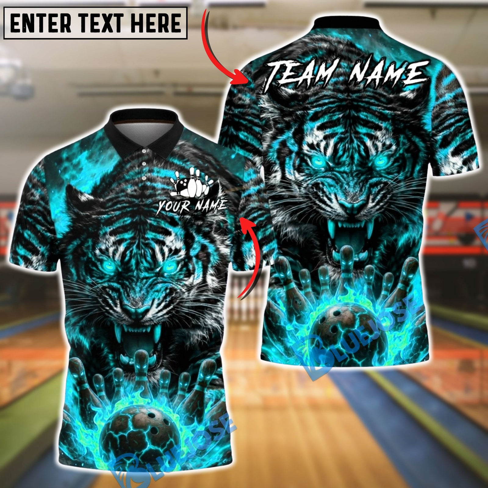 BlueJose Bowling And Pins Fierce Tiger Flaming Bowling Ball Power Customized Name, Team Name 3D Shirt (4 Colors)