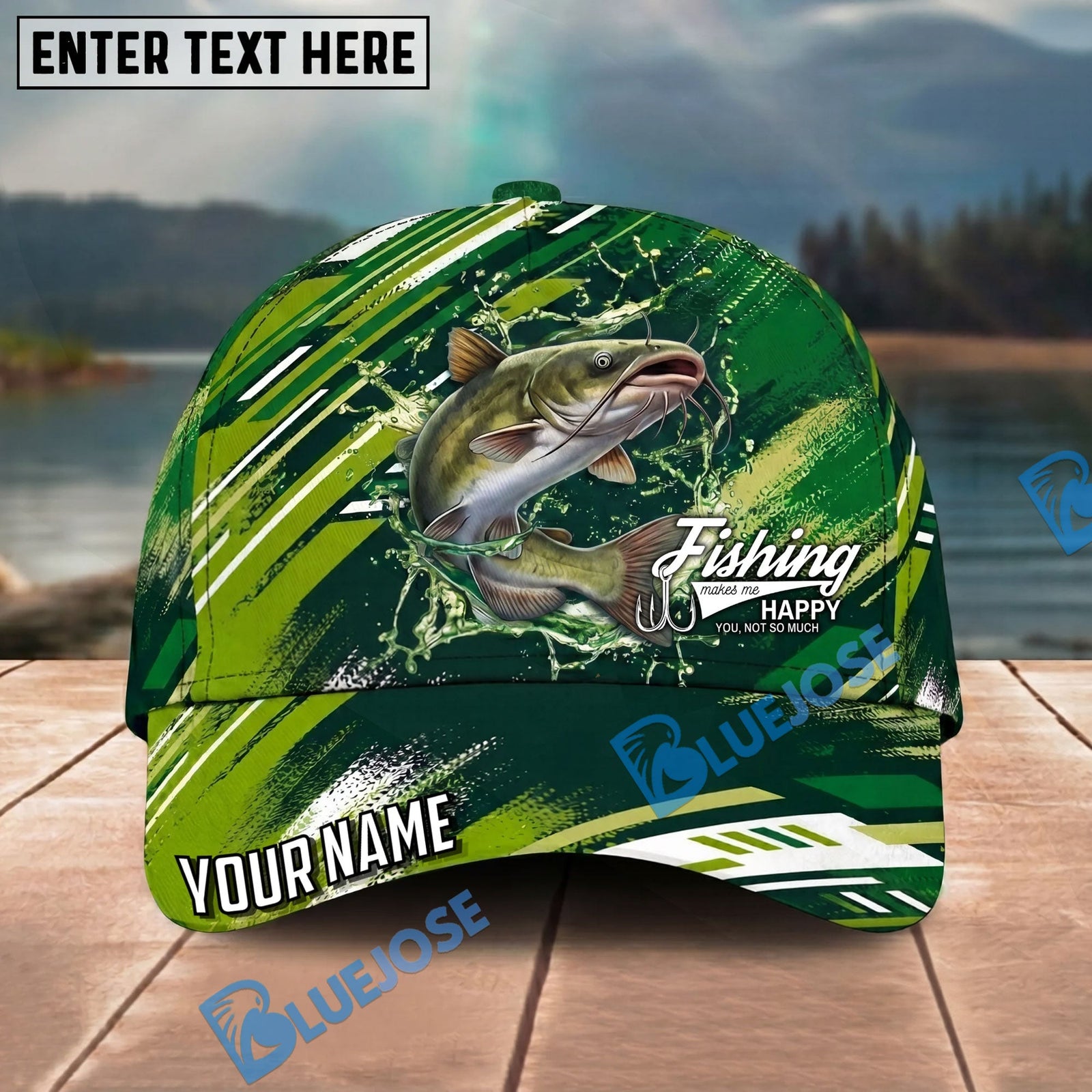 BlueJose Fishing Green Splash Strike Personalized Name Classic 3D Cap Personalized Cap (13 Breeds)