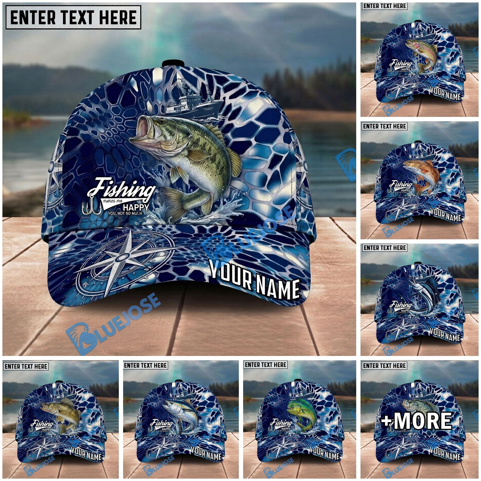 BlueJose Fishing Blue Ship Compass Personalized Name Classic 3D Cap Personalized Cap (13 Breeds)