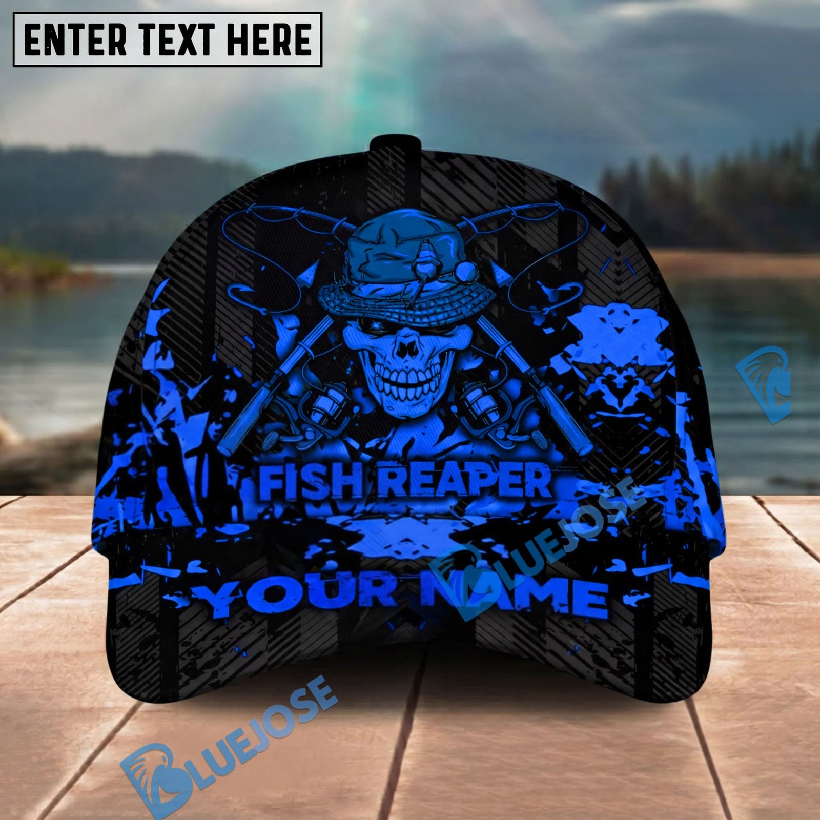 BlueJose Fishing Reaper Neon Skull Personalized Cap (8 Colors)