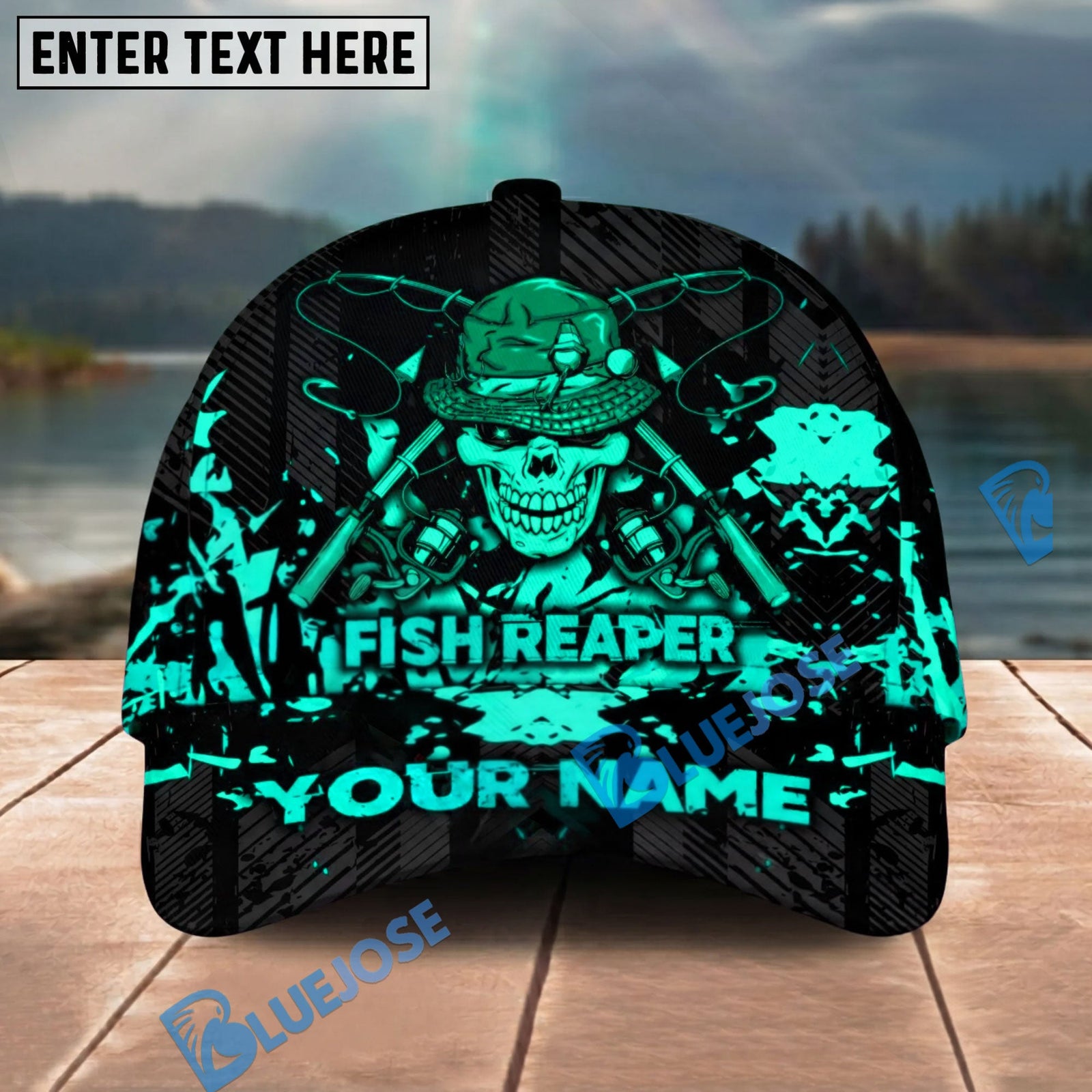 BlueJose Fishing Reaper Neon Skull Personalized Cap (8 Colors)