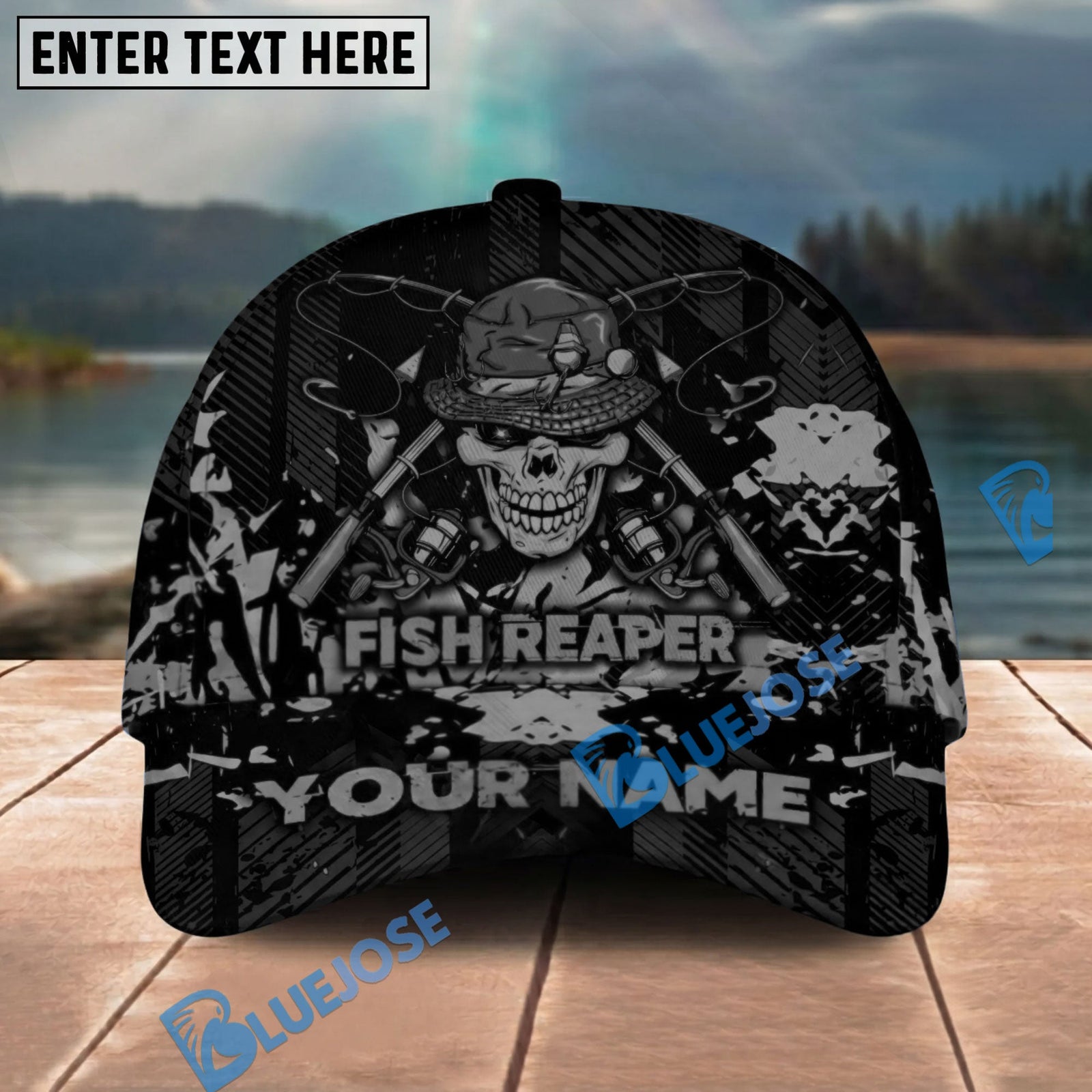 BlueJose Fishing Reaper Neon Skull Personalized Cap (8 Colors)