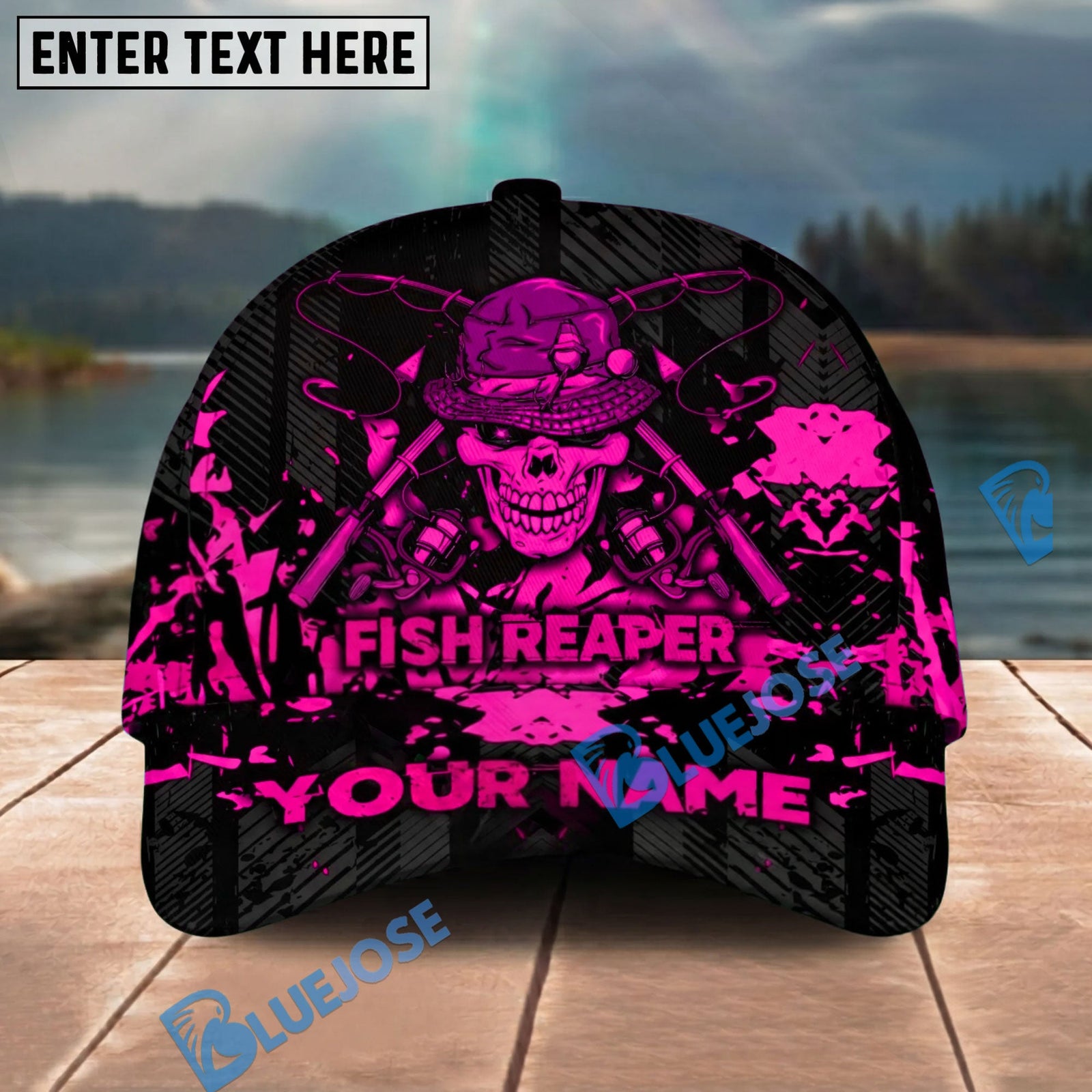 BlueJose Fishing Reaper Neon Skull Personalized Cap (8 Colors)