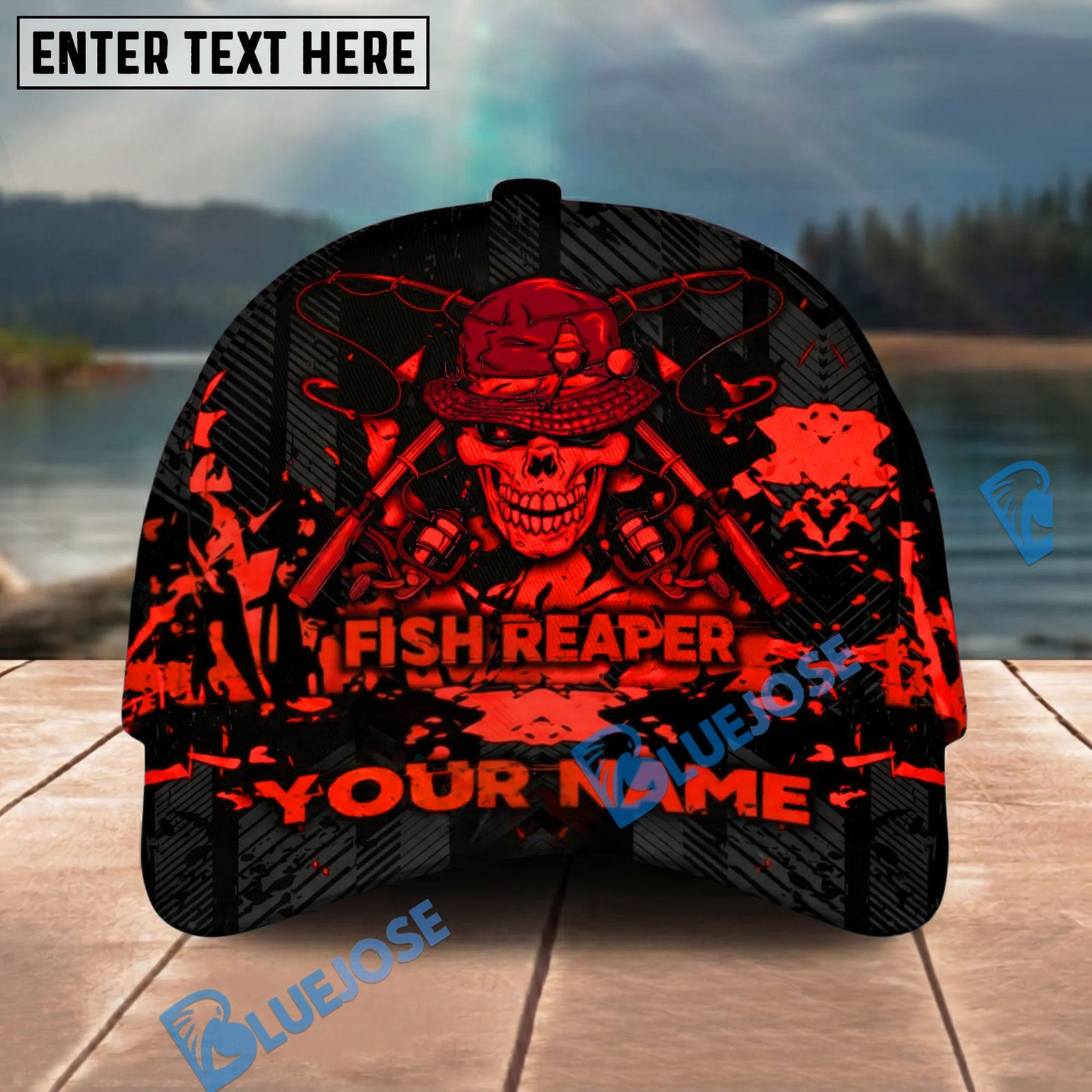 BlueJose Fishing Reaper Neon Skull Personalized Cap (8 Colors)