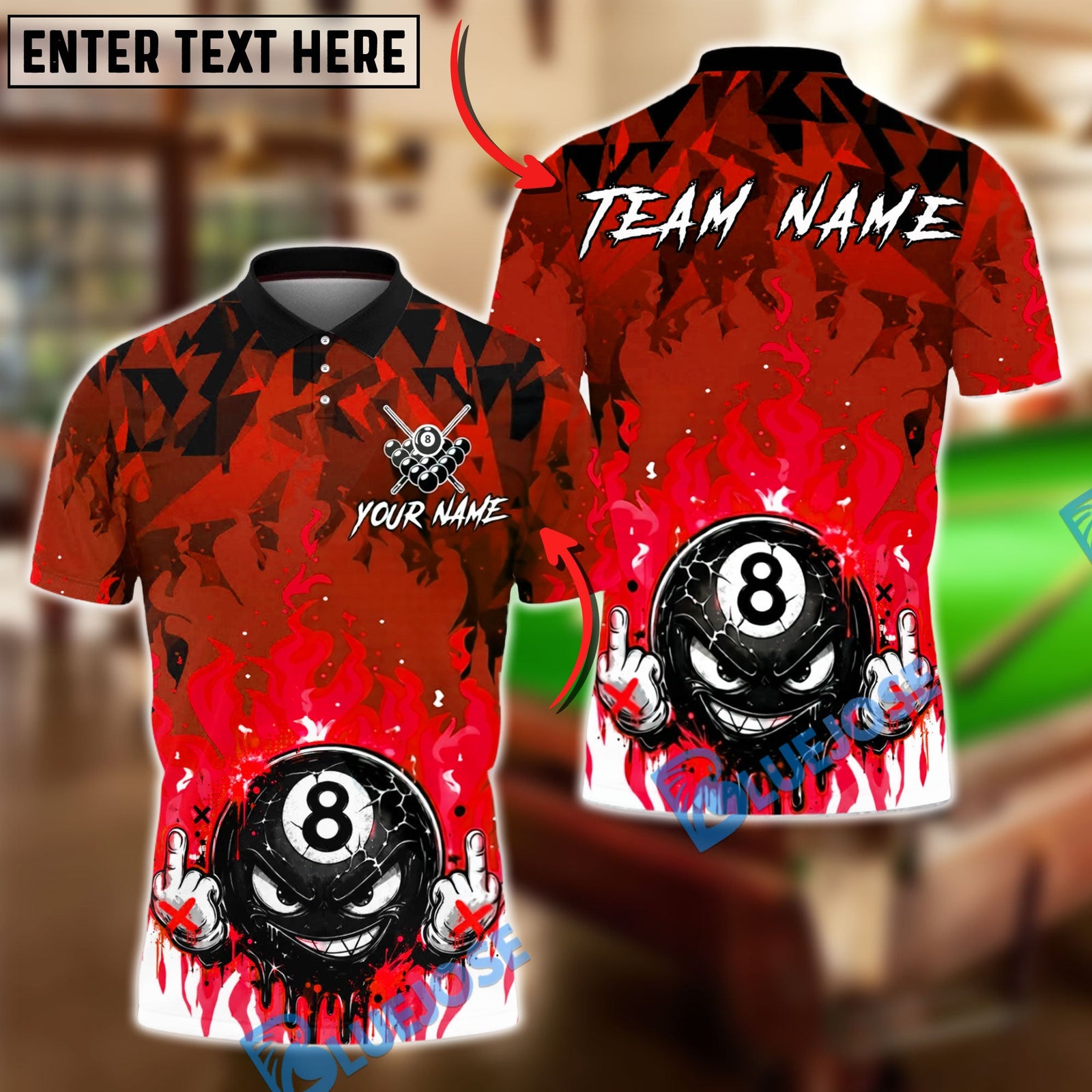 BlueJose Billiards Flame Angry 8 Ball Personalized Name Shirt (4 Colors)