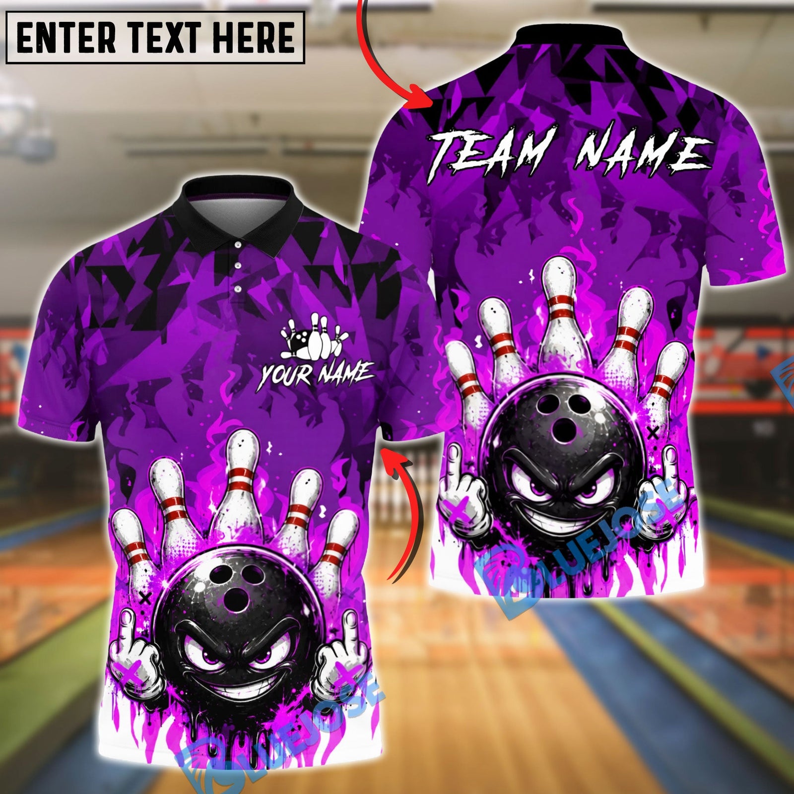 BlueJose Bowling And Pins Flame Angry Ball Customized Name, Team Name 3D Shirt (4 Colors)