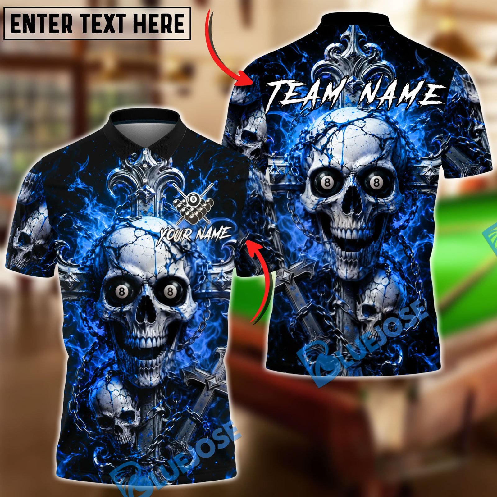 BlueJose Billiards Gothic Cross Skull Flame 8 Ball Personalized Name Shirt (4 Colors)