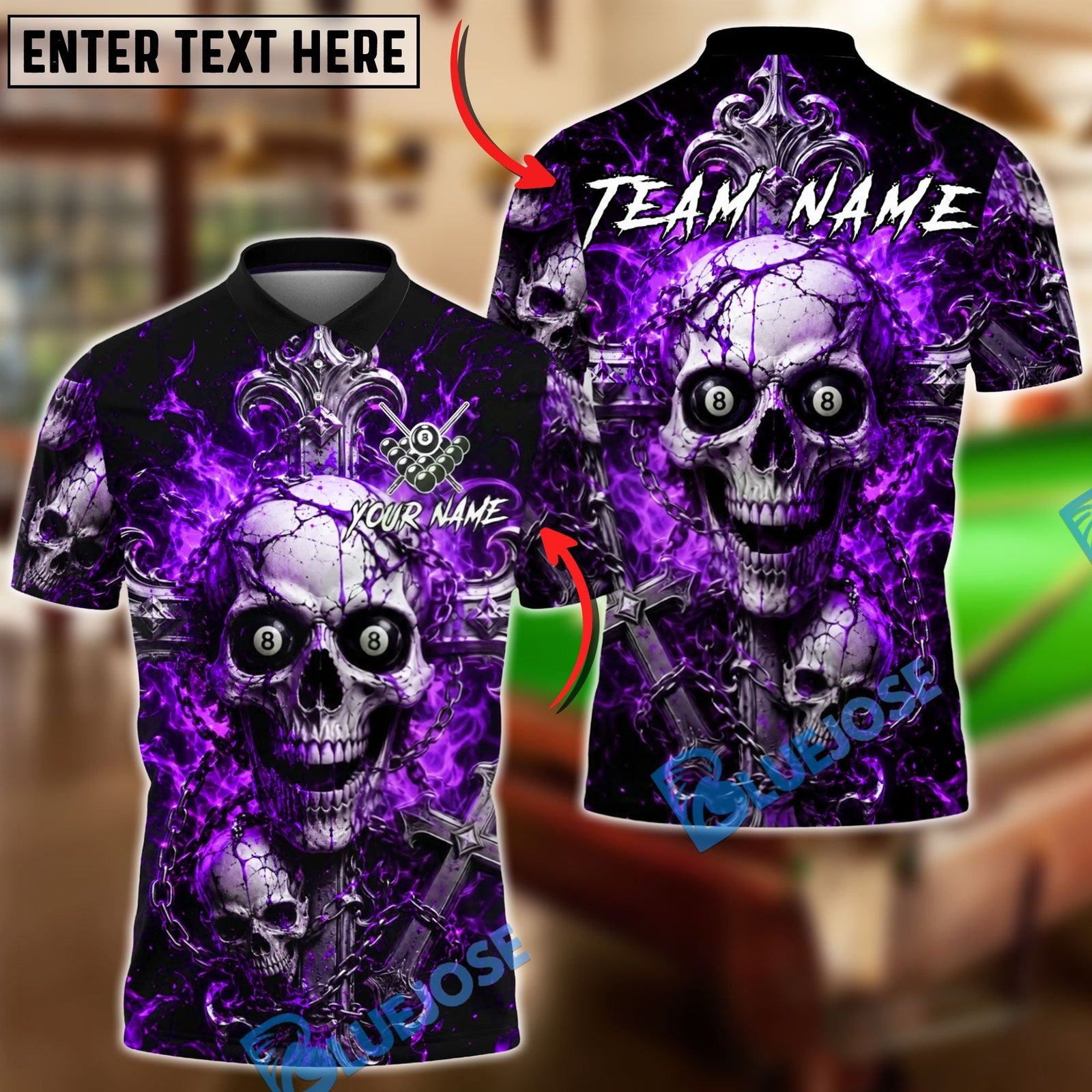 BlueJose Billiards Gothic Cross Skull Flame 8 Ball Personalized Name Shirt (4 Colors)