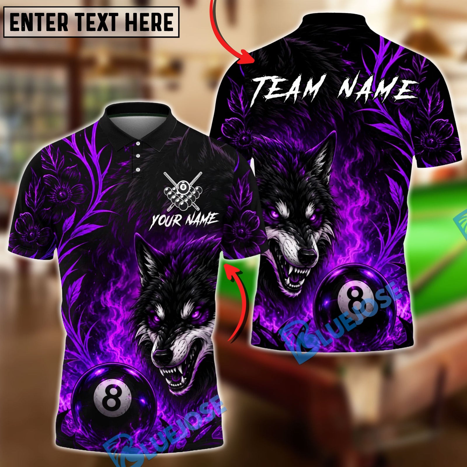 BlueJose Billiards 8 Ball Flame Flower Wolf Personalized Name Shirt (4 Colors)